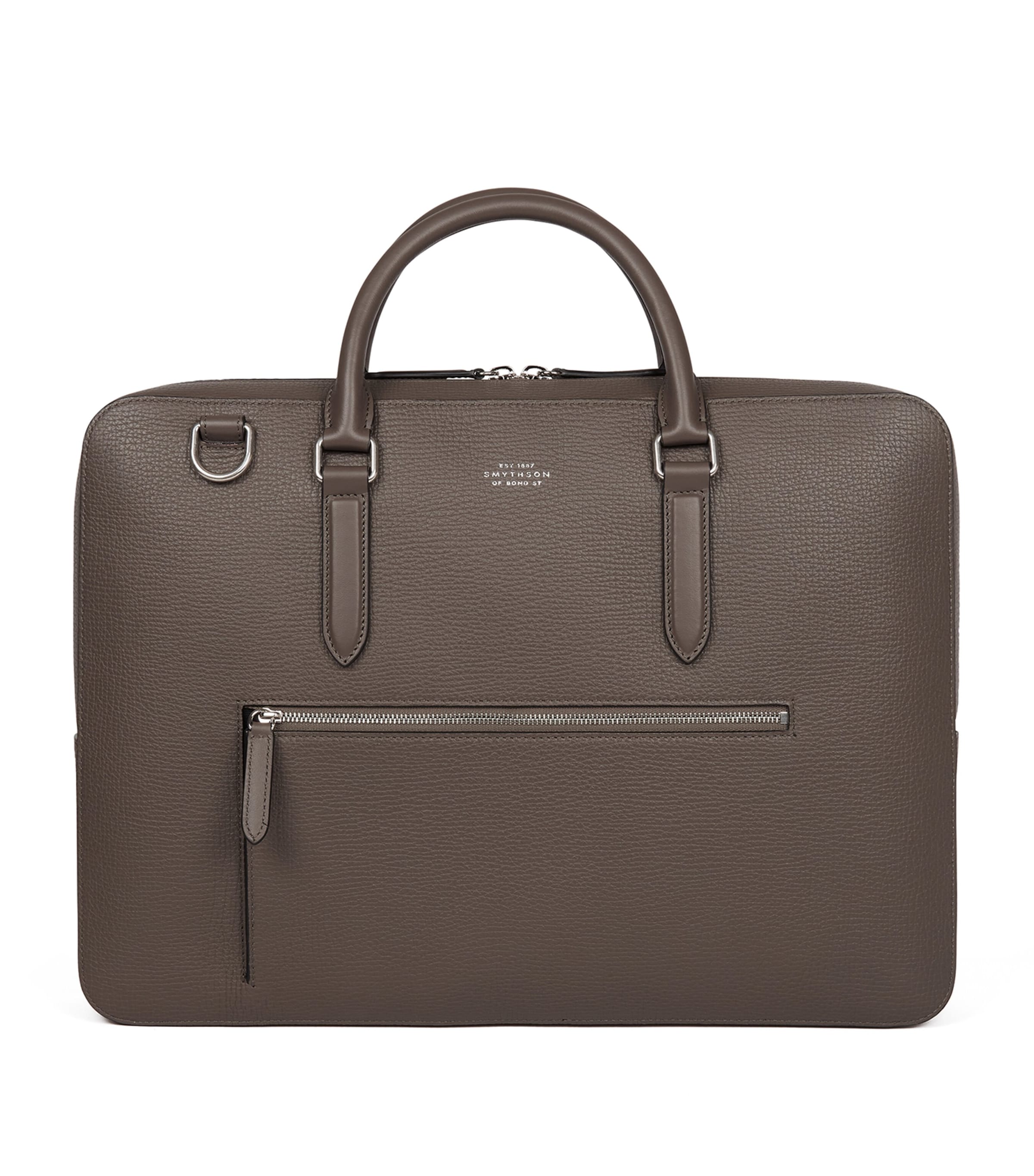 Smythson Slim Ludlow Leather Zip Front Briefcase In Brown