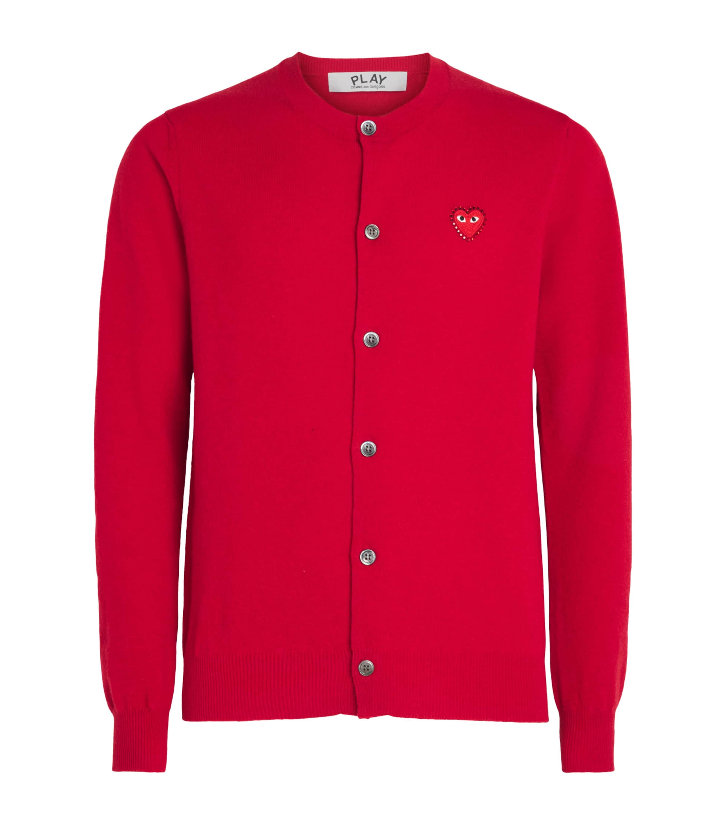 Comme Des Garçons Mens Wool Rhinestone Heart Logo Cardigan Red Image 1