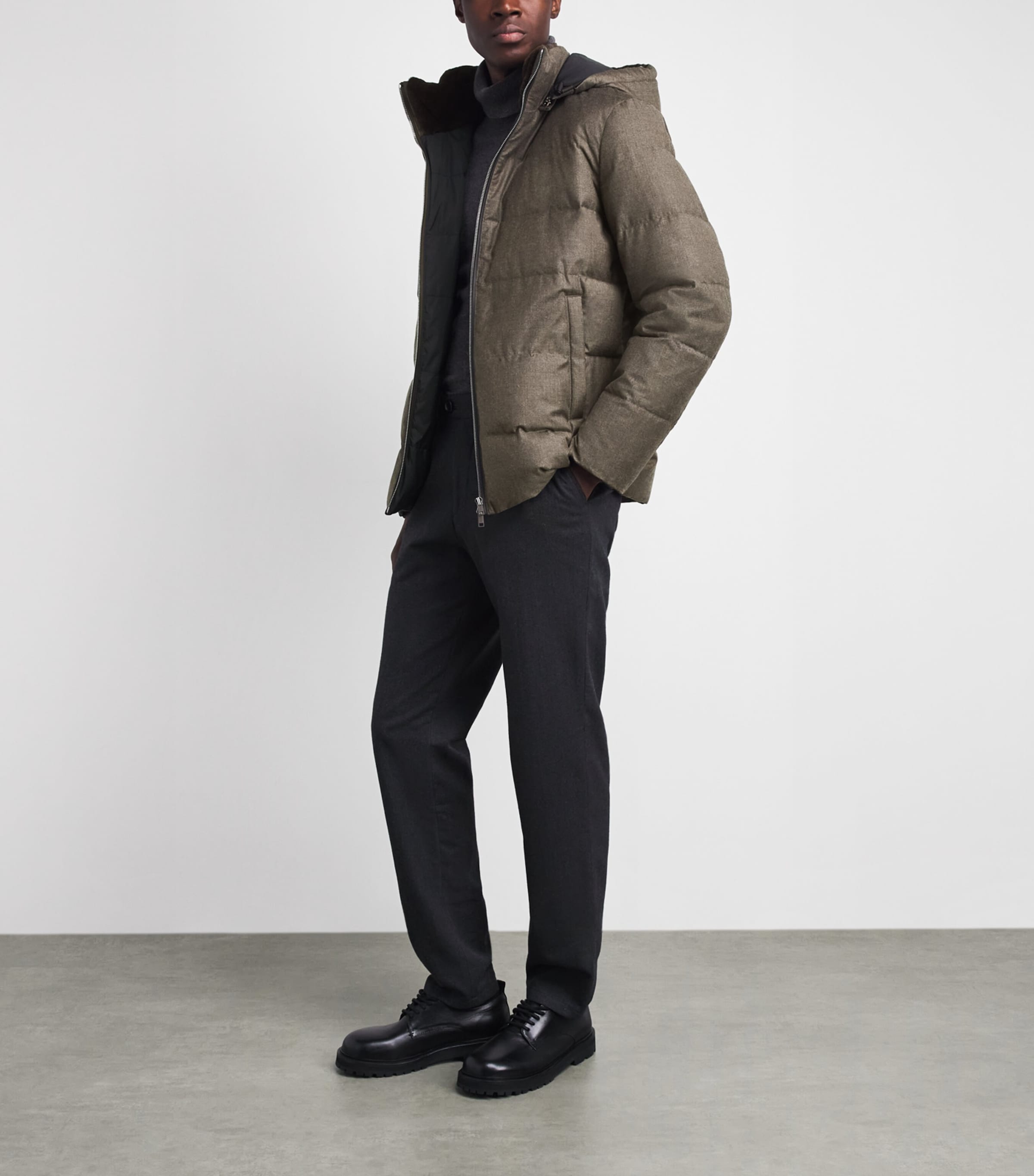 Yves Salomon Mens Down Wool-Silk Hooded Parka Earth Image 2