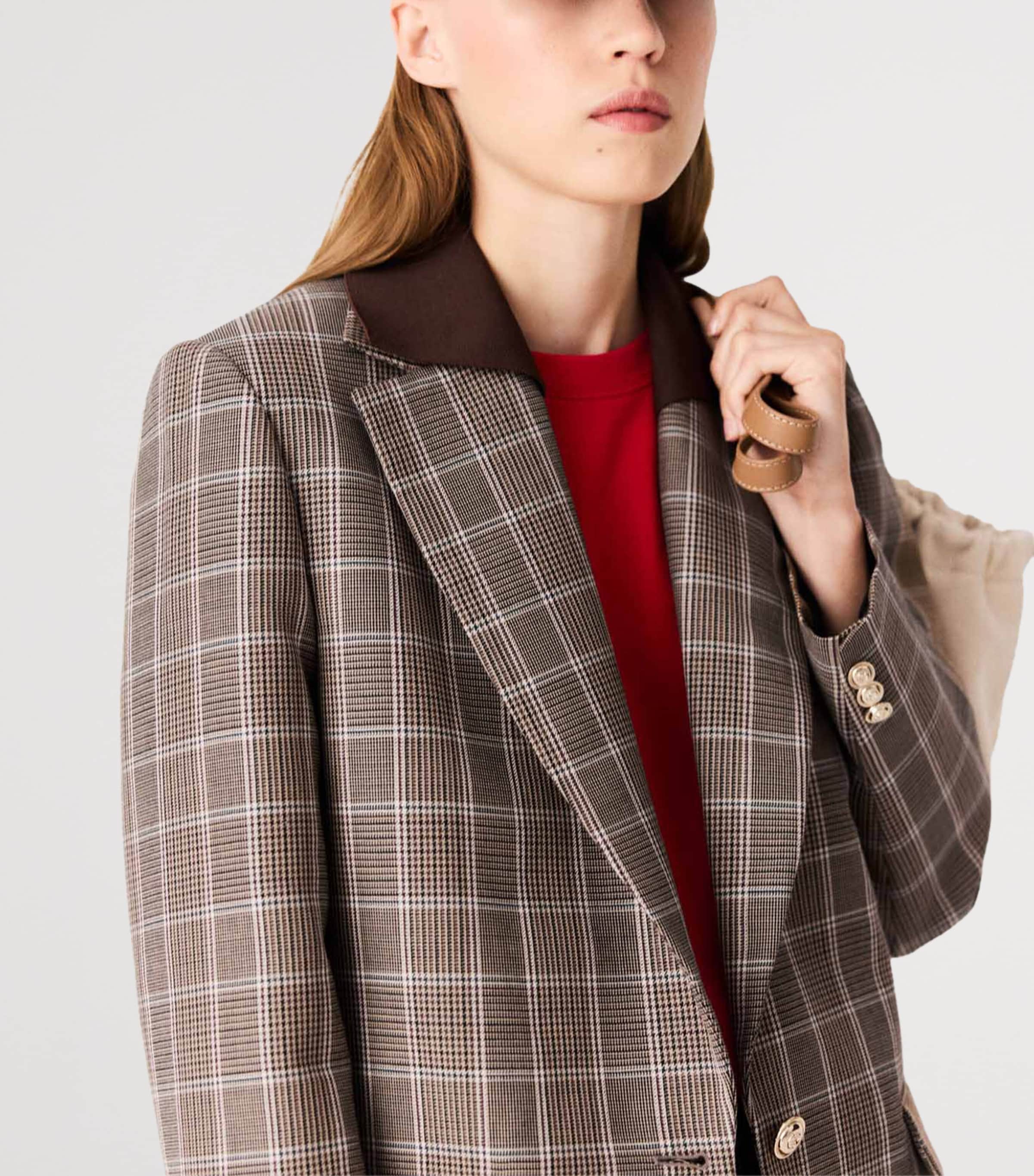 Maje Womens Wool-Cotton Check Blazer Brown Image 7