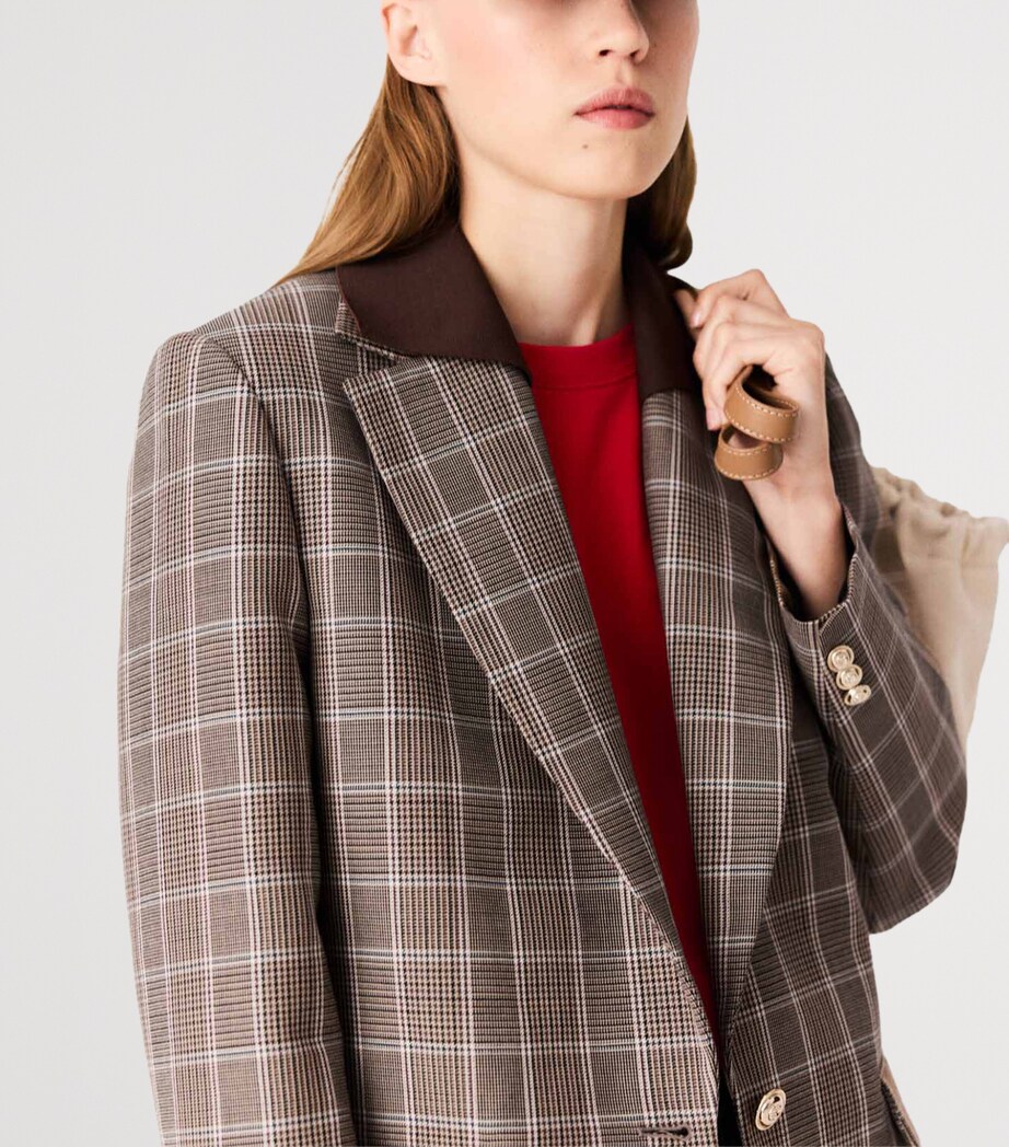 Maje Womens Wool-Cotton Check Blazer Brown Image 7