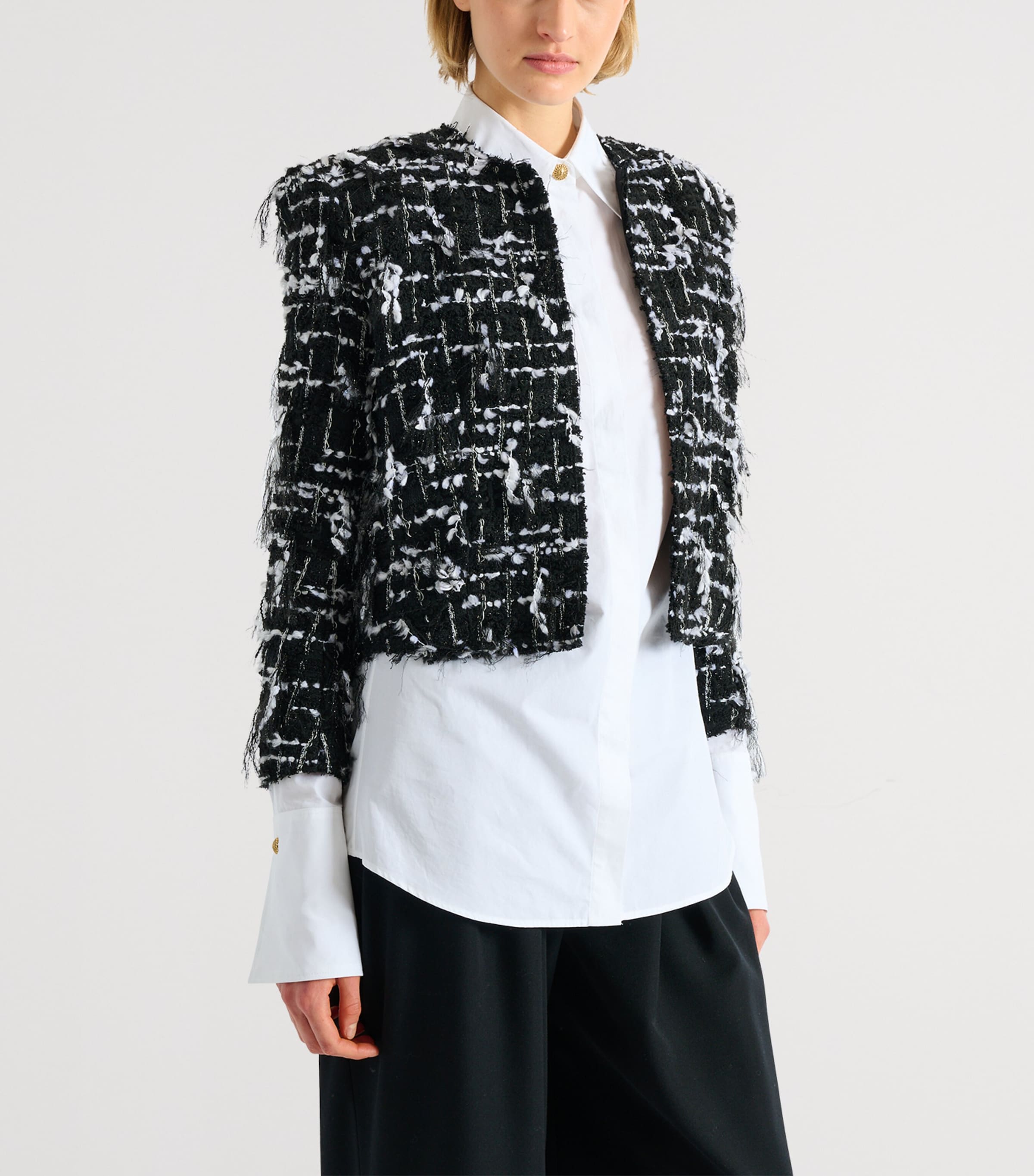 Balmain Womens Frayed Tweed Cropped Jacket Eab Noir/blanc Image 3