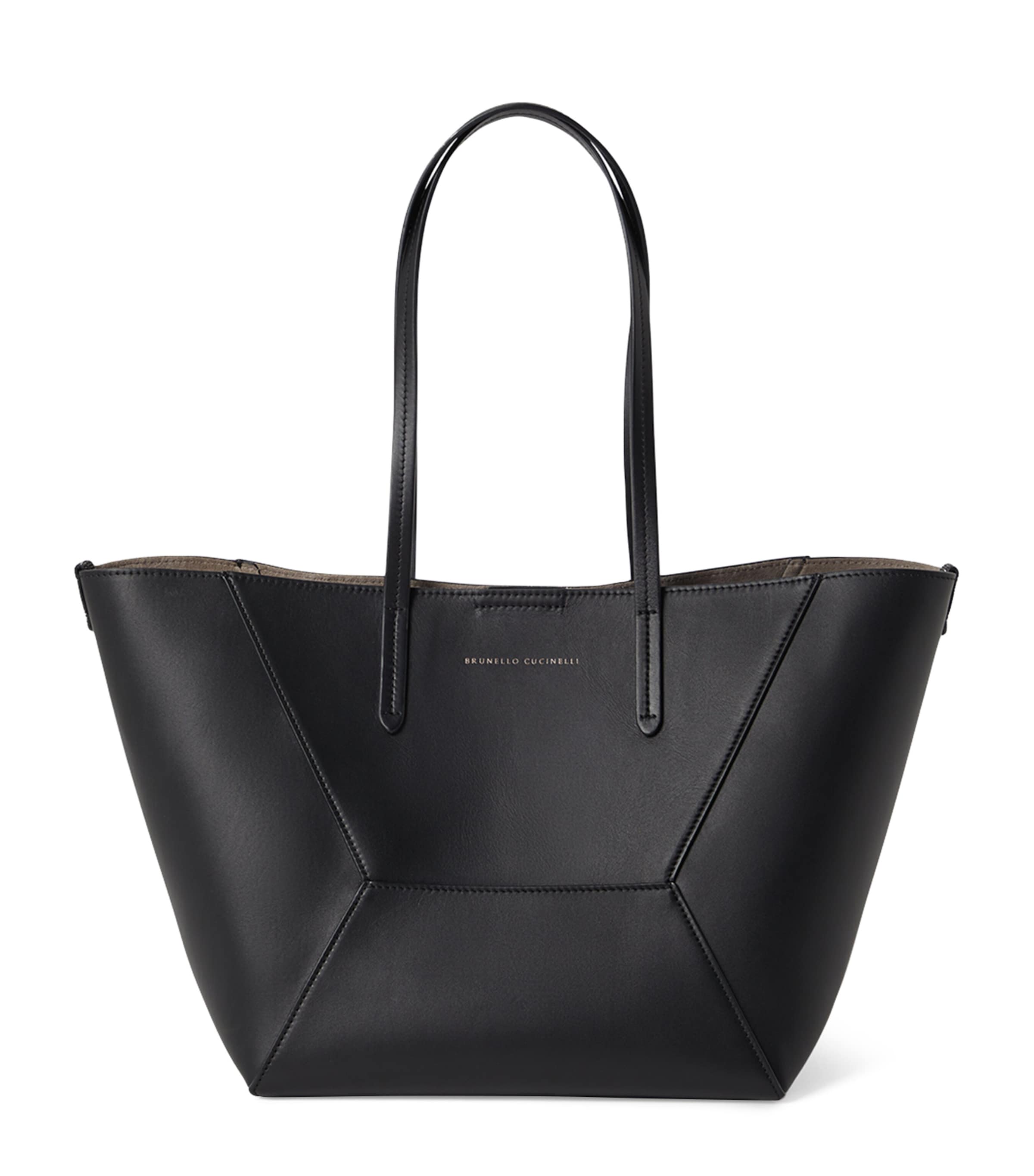 Brunello Cucinelli Geometric Panel Structured Tote Bag With Detachable Pouch In Black
