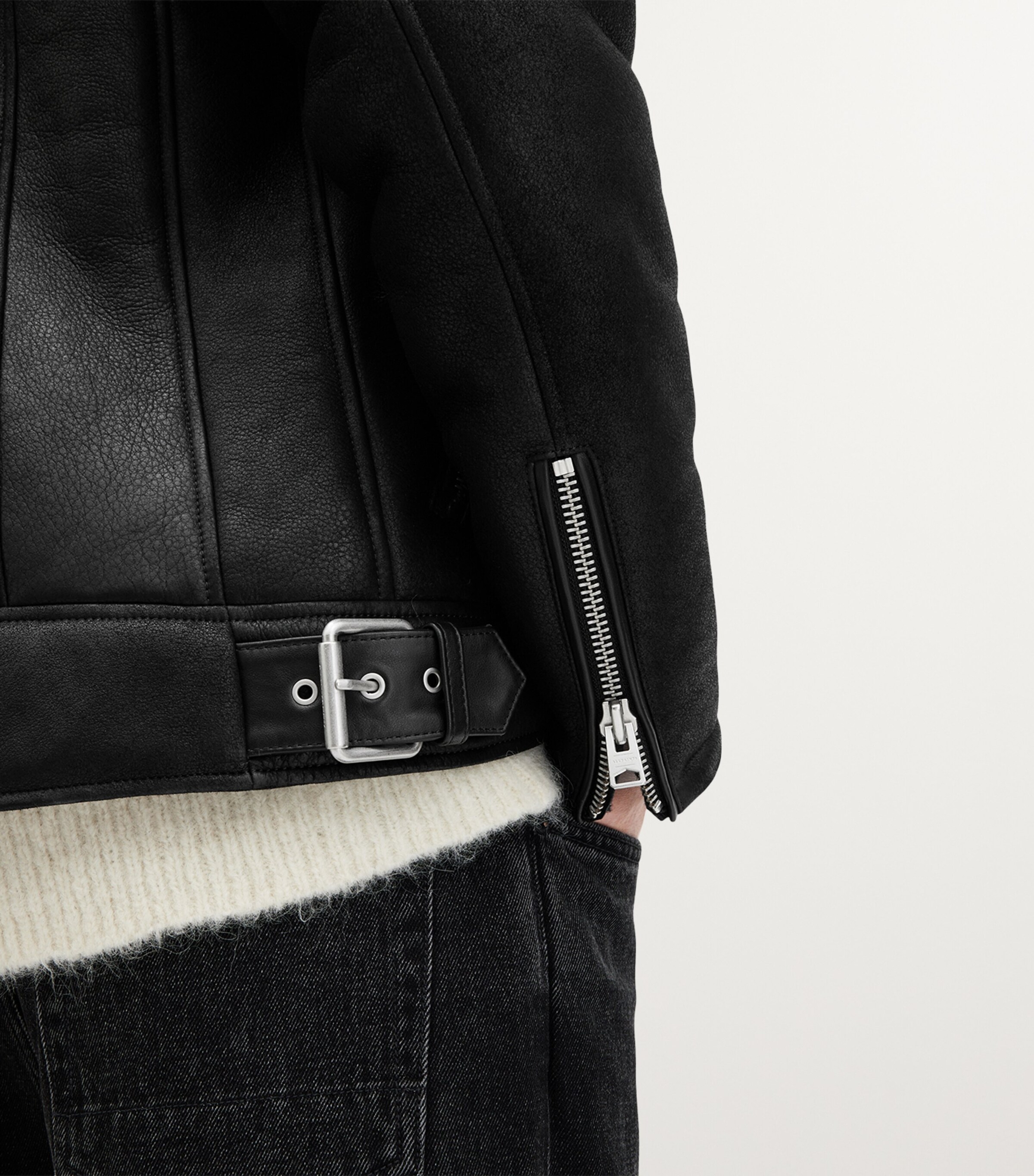 AllSaints Black Sheepskin Shearling Xena Jacket | Harrods UK