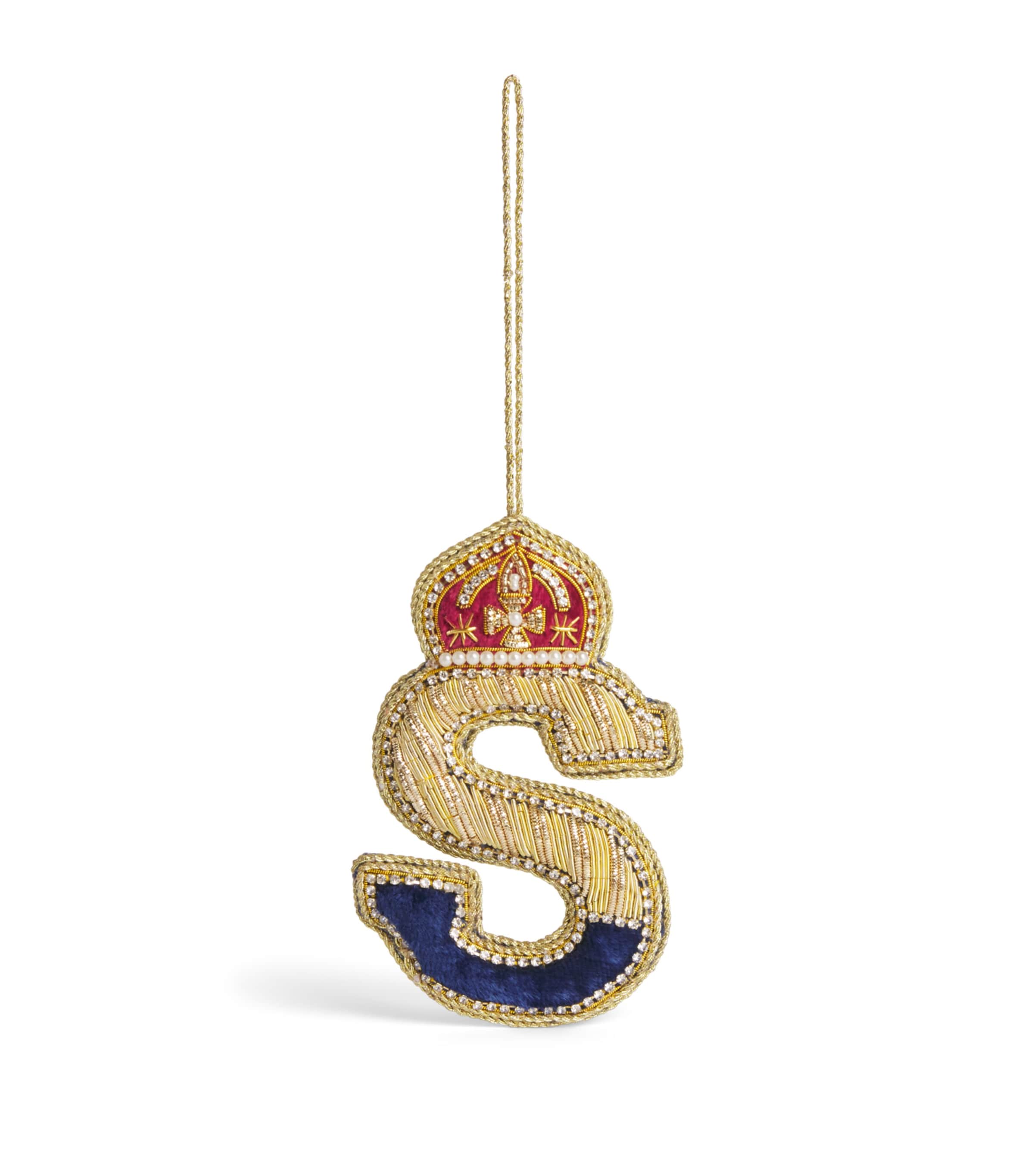 Tinker Tailor Velvet Crystal Letter S Tree Decoration Navy, Gold & Wine Image 1