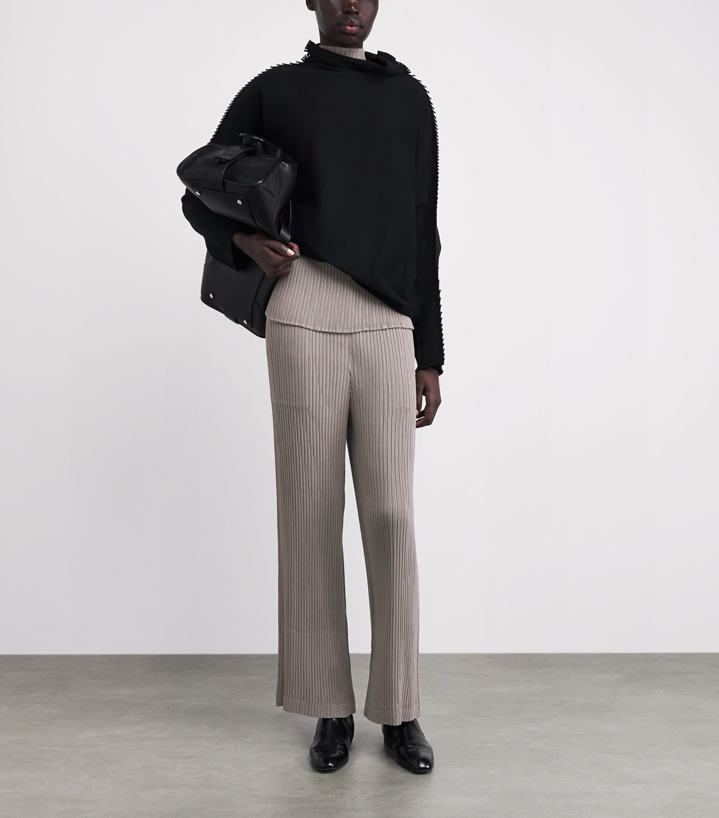 Issey Miyake Womens Hatching Pleats Straight Leg Trousers Greige Image 2