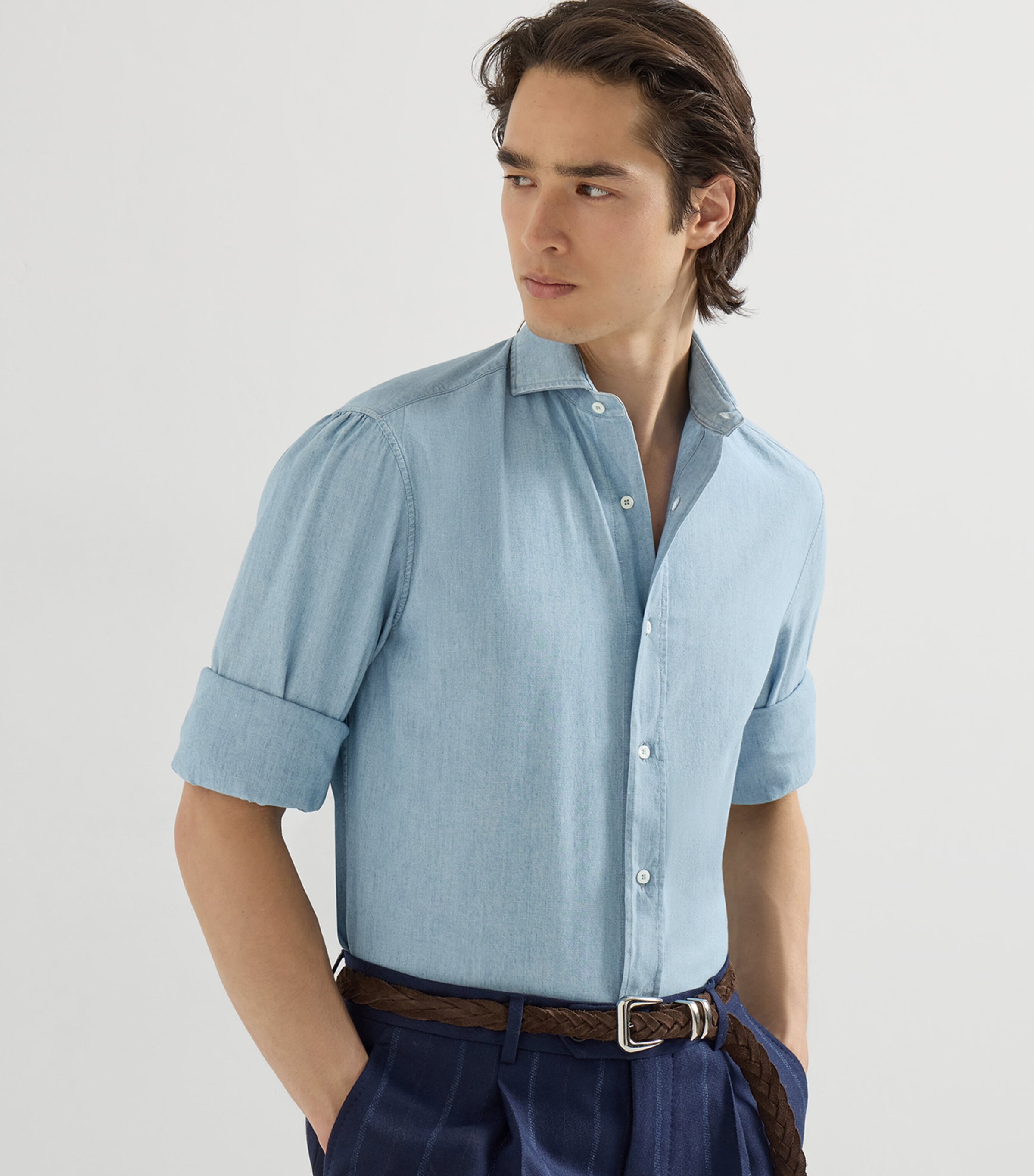Brunello Cucinelli Mens Denim-Effect Chambray Shirt Image 2