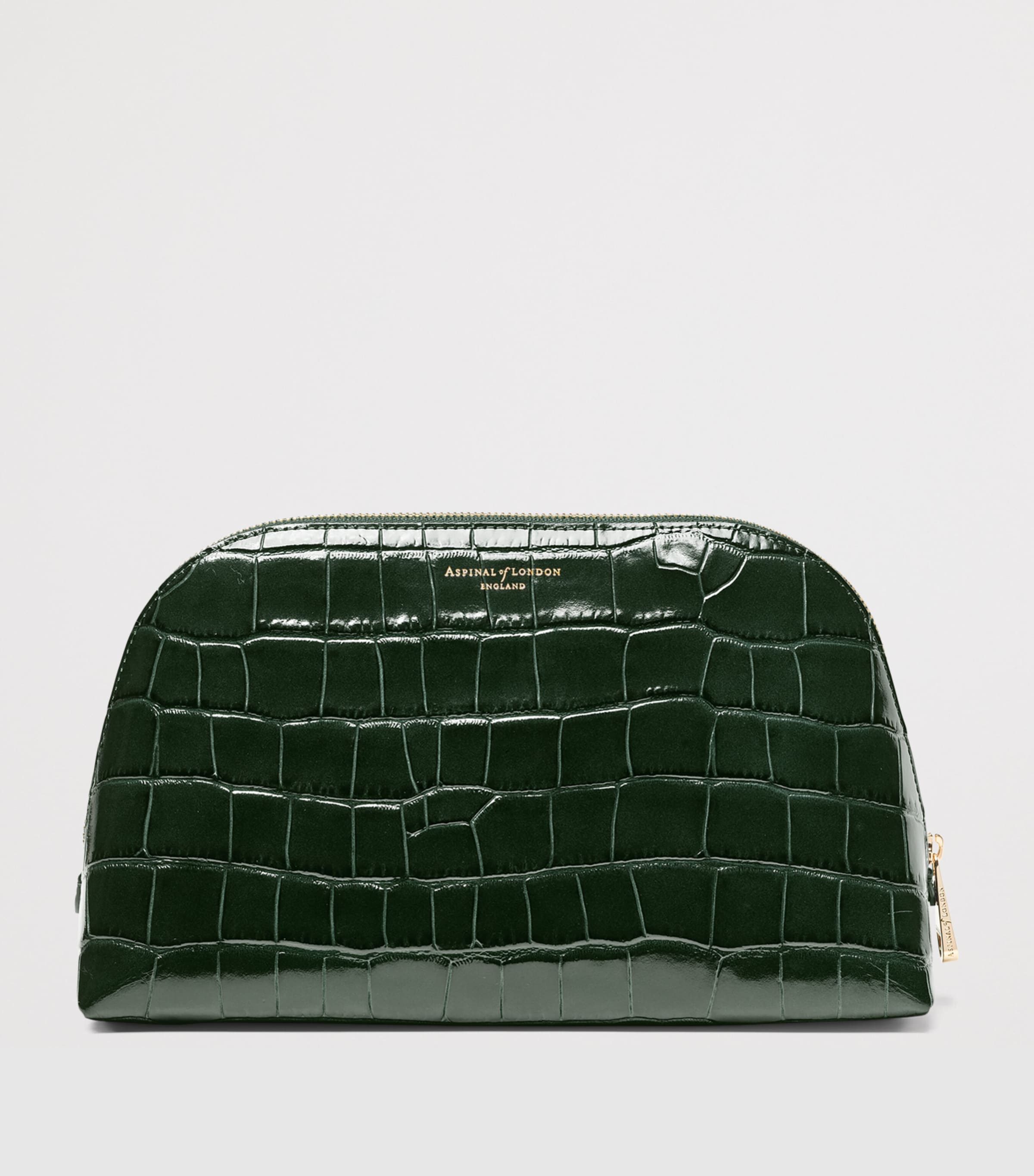 Aspinal Of London Large Leather Croc-Embossed Cosmetic Case Evergreen Image 2