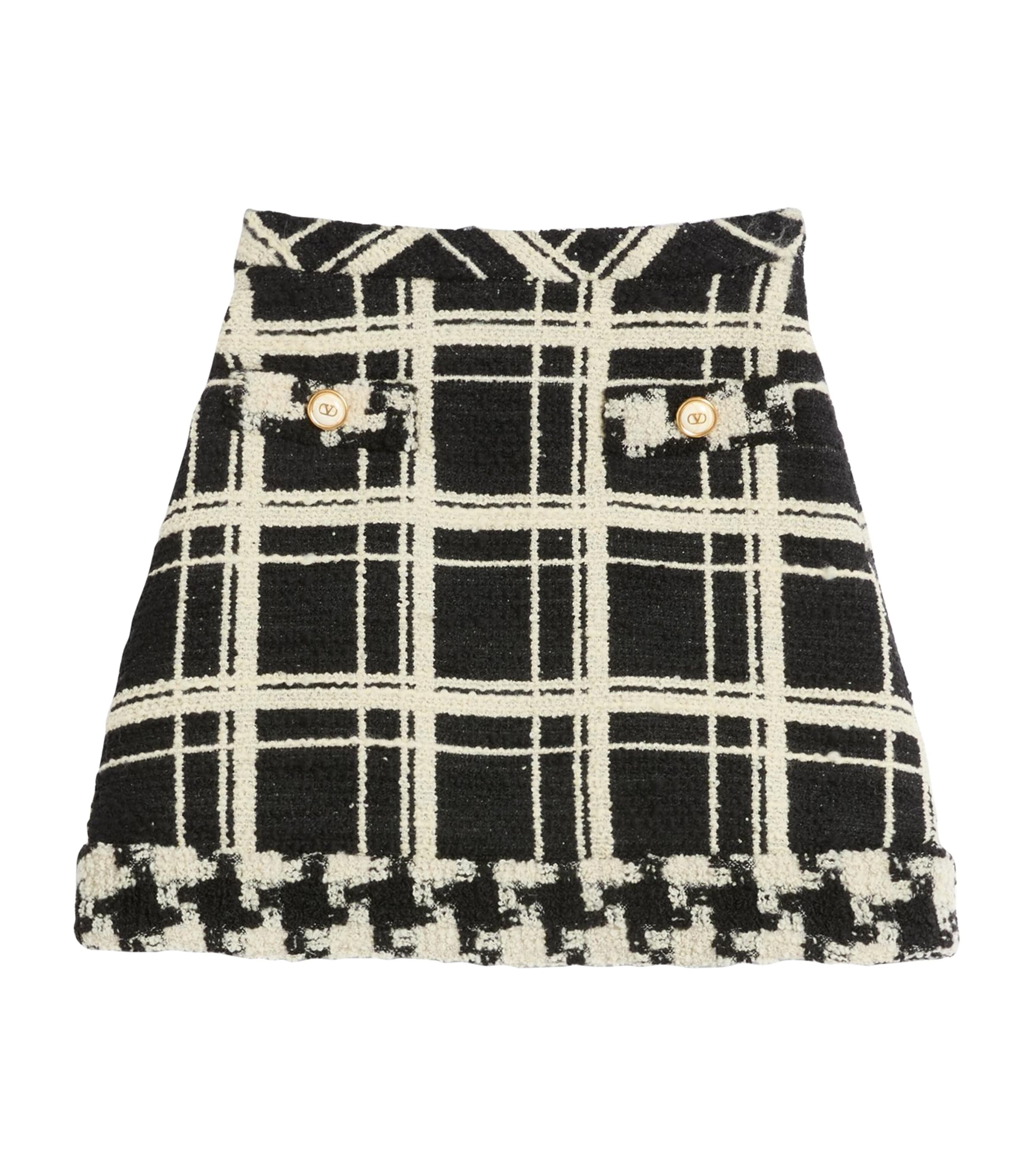 Valentino Womens Nero Avorio Tweed Check-print Wool-blend Mini Skirt In Black