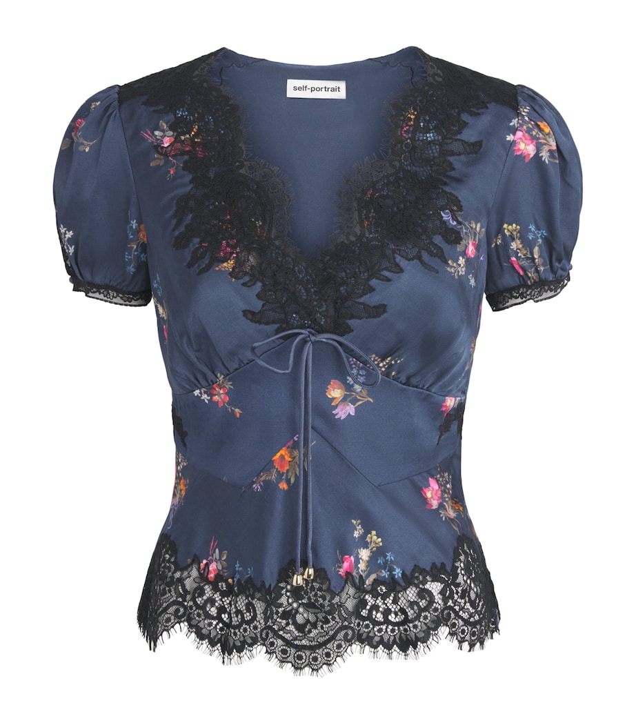 Self-Portrait Womens Satin-Lace Floral Blouse Navy Image 1