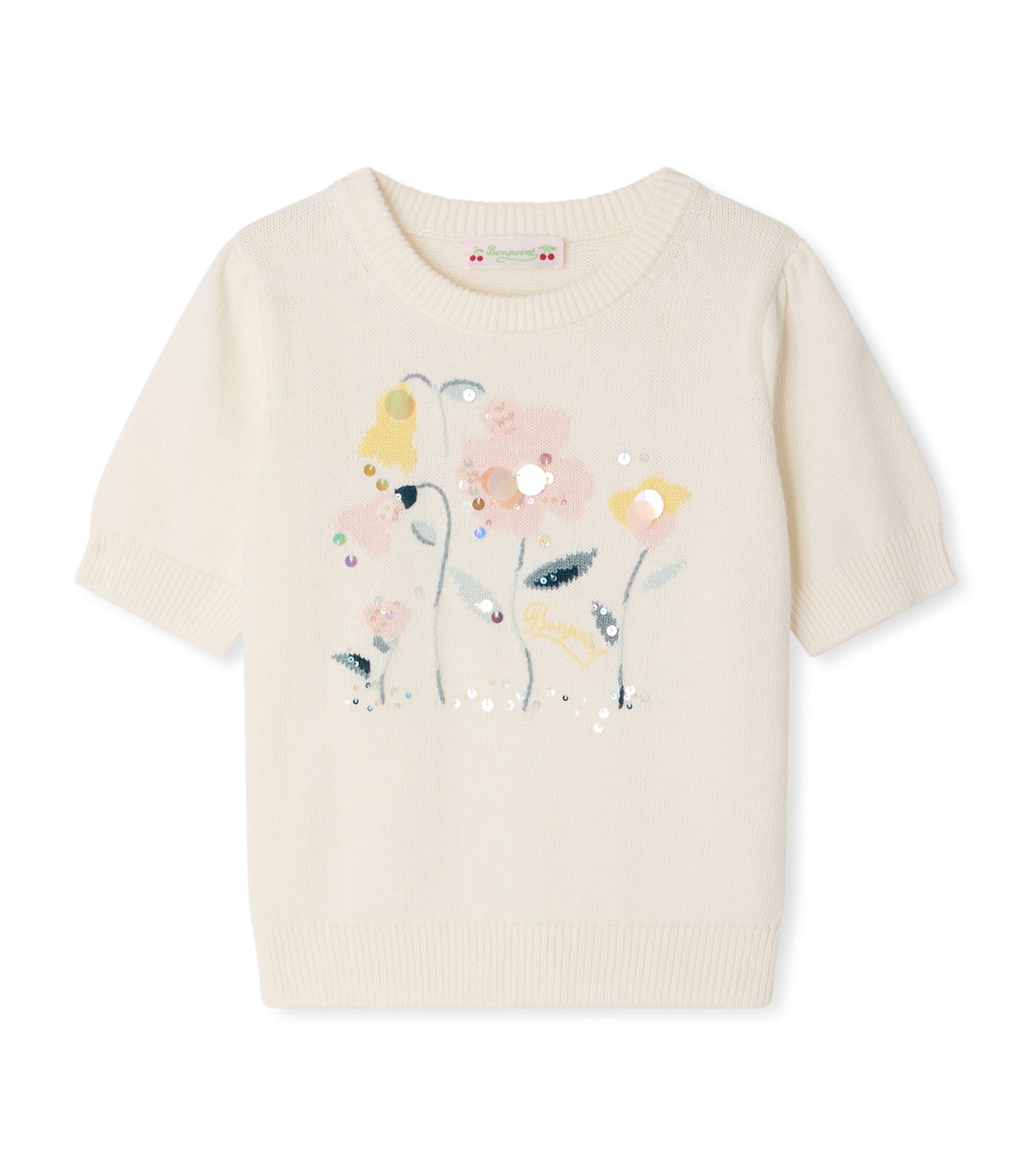Bonpoint Cotton-Cashmere Embroidered Sweater (10-14 Years) Blanc Naturel Image 1