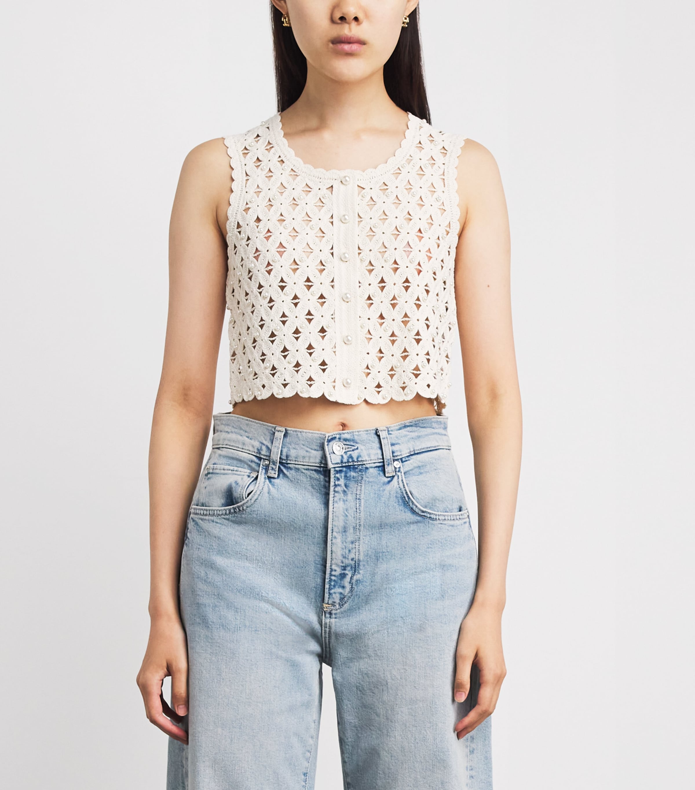 Sandro Paris Womens Crochet Embellished Top Ecru Image 4