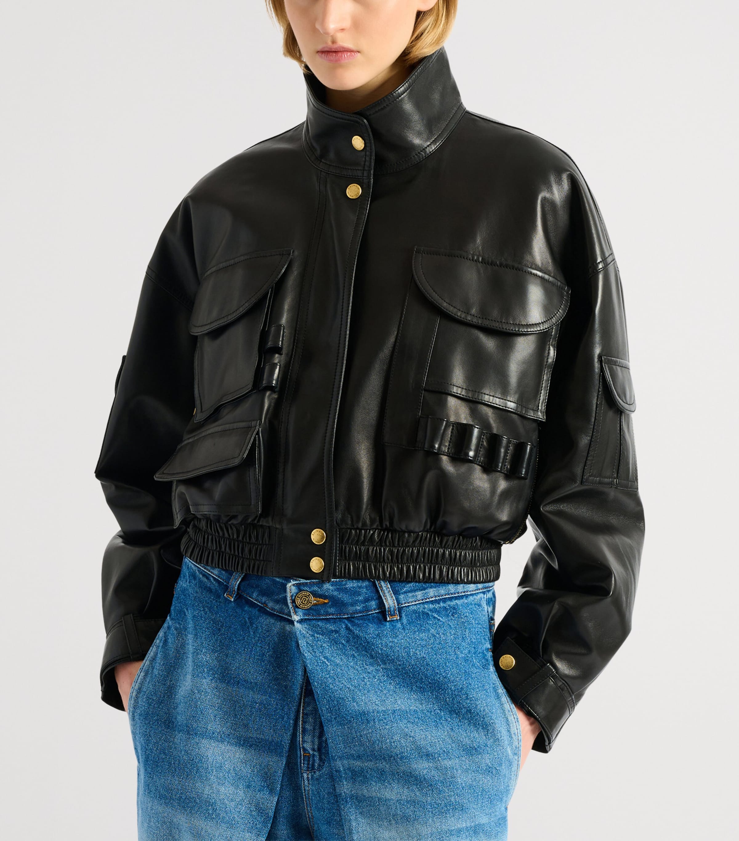 Balmain Womens Lambskin Bomber Jacket Noir Image 5