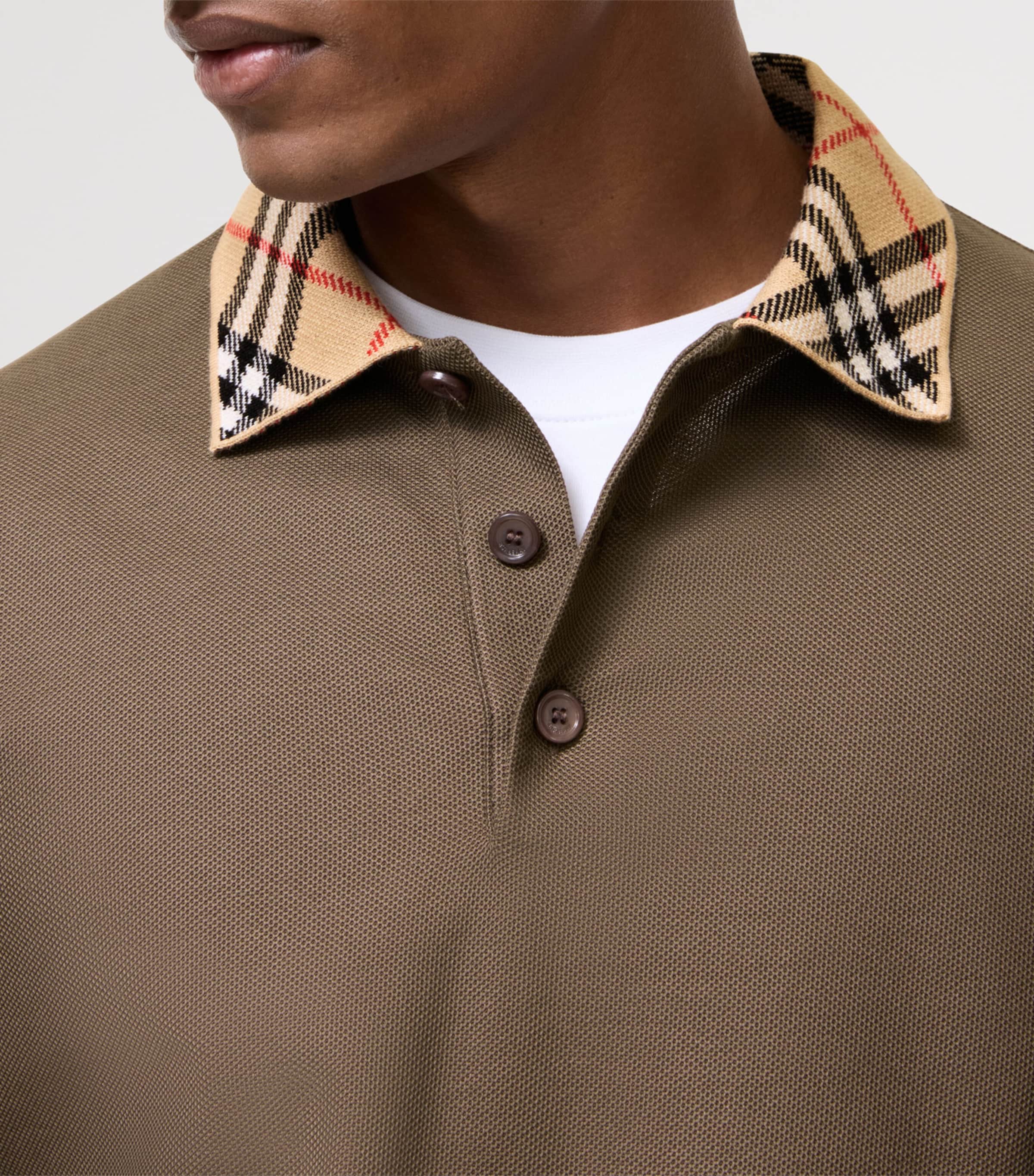 Burberry Mens Cotton Check-Collar Long-Sleeve Polo Shirt Sepia Brown Image 3
