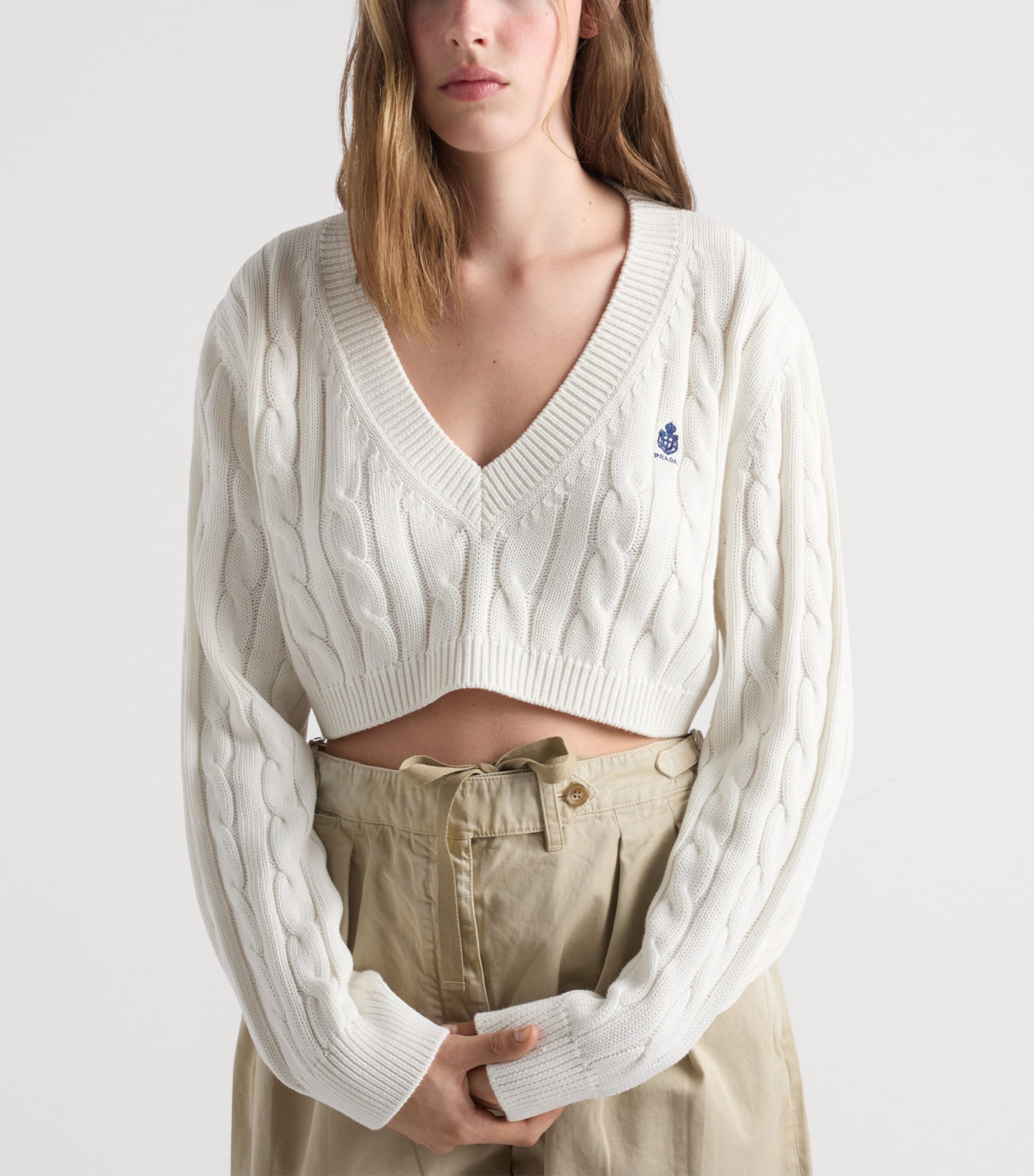 Prada Womens Cotton Cable-Knit Logo Sweater White Image 3