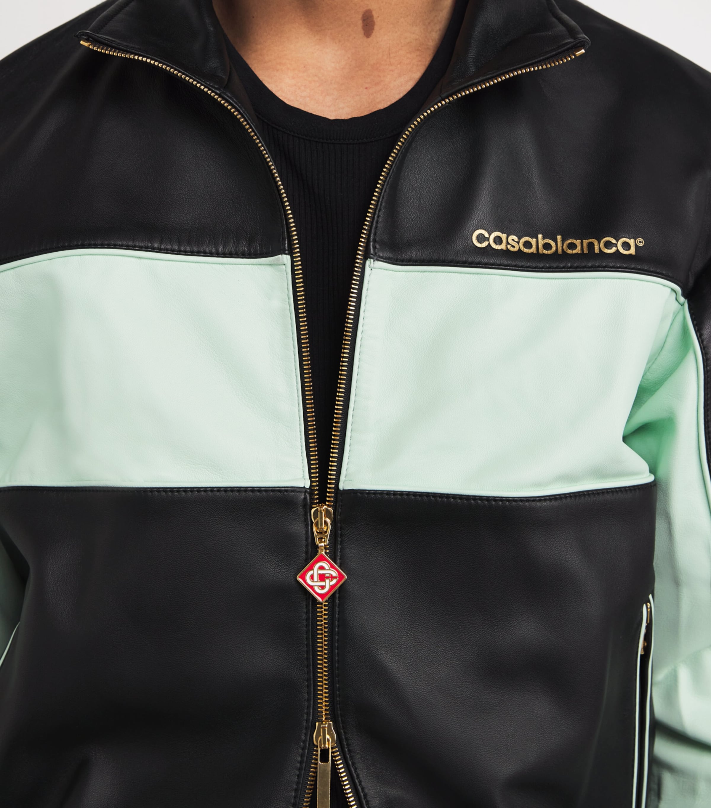 Casablanca Mens Leather Monogram Track Jacket Black & Mint Image 6