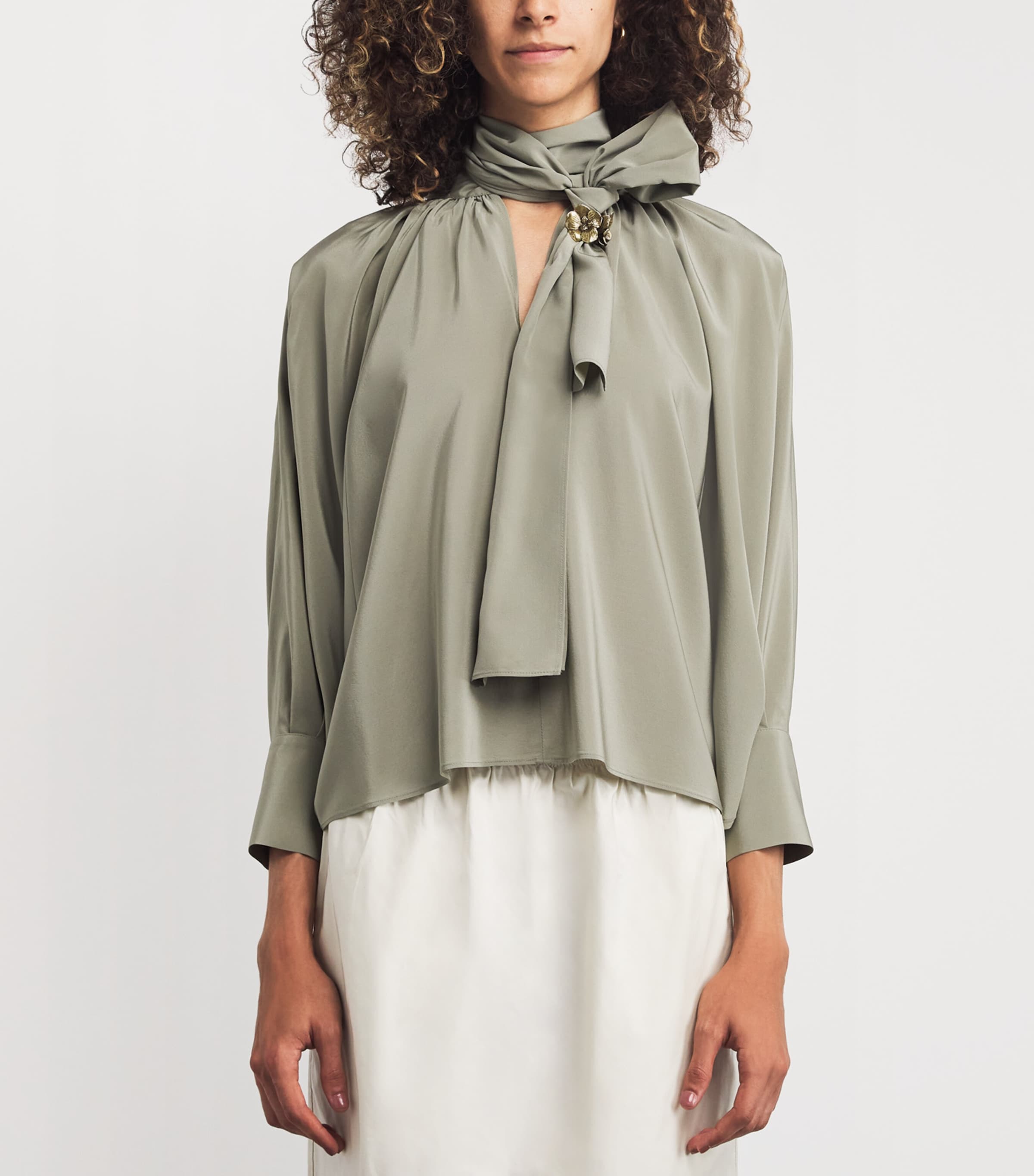 Silk Tie-Neck Blouse SAGE GREEN Image 3
