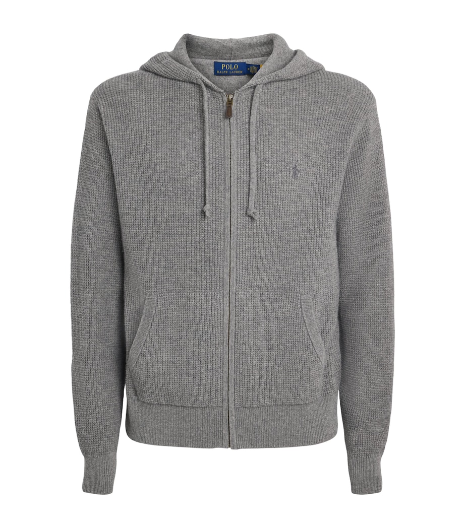 Polo Ralph Lauren Mens Wool-Cotton Waffle-Knit Zip-Up Hoodie Fawn Grey Heather Image 1