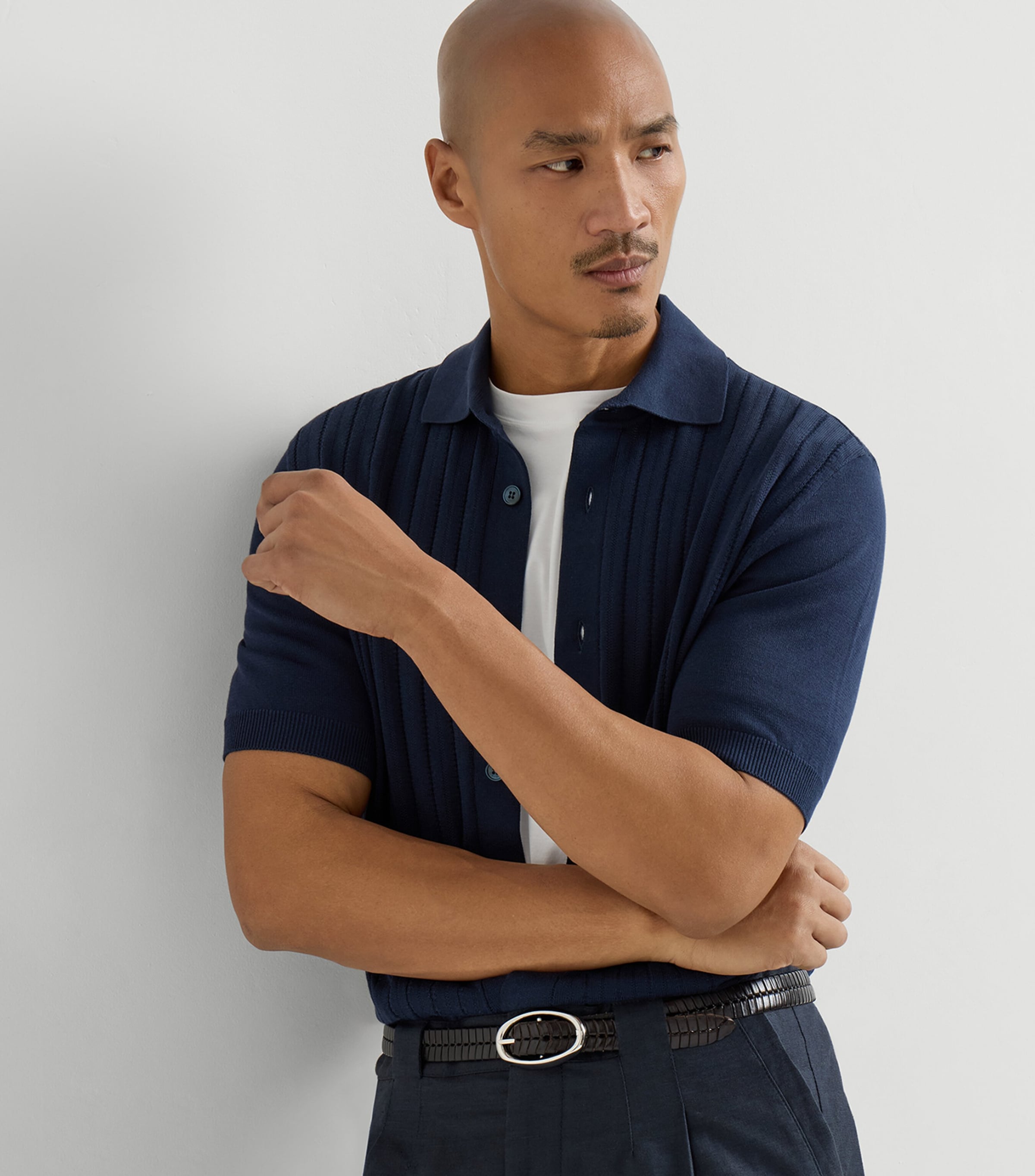 BRUNELLO CUCINELLI 半袖カーディガン Brunello Cucinelli Blue Cotton Ribbed Short-Sleeve Cardigan