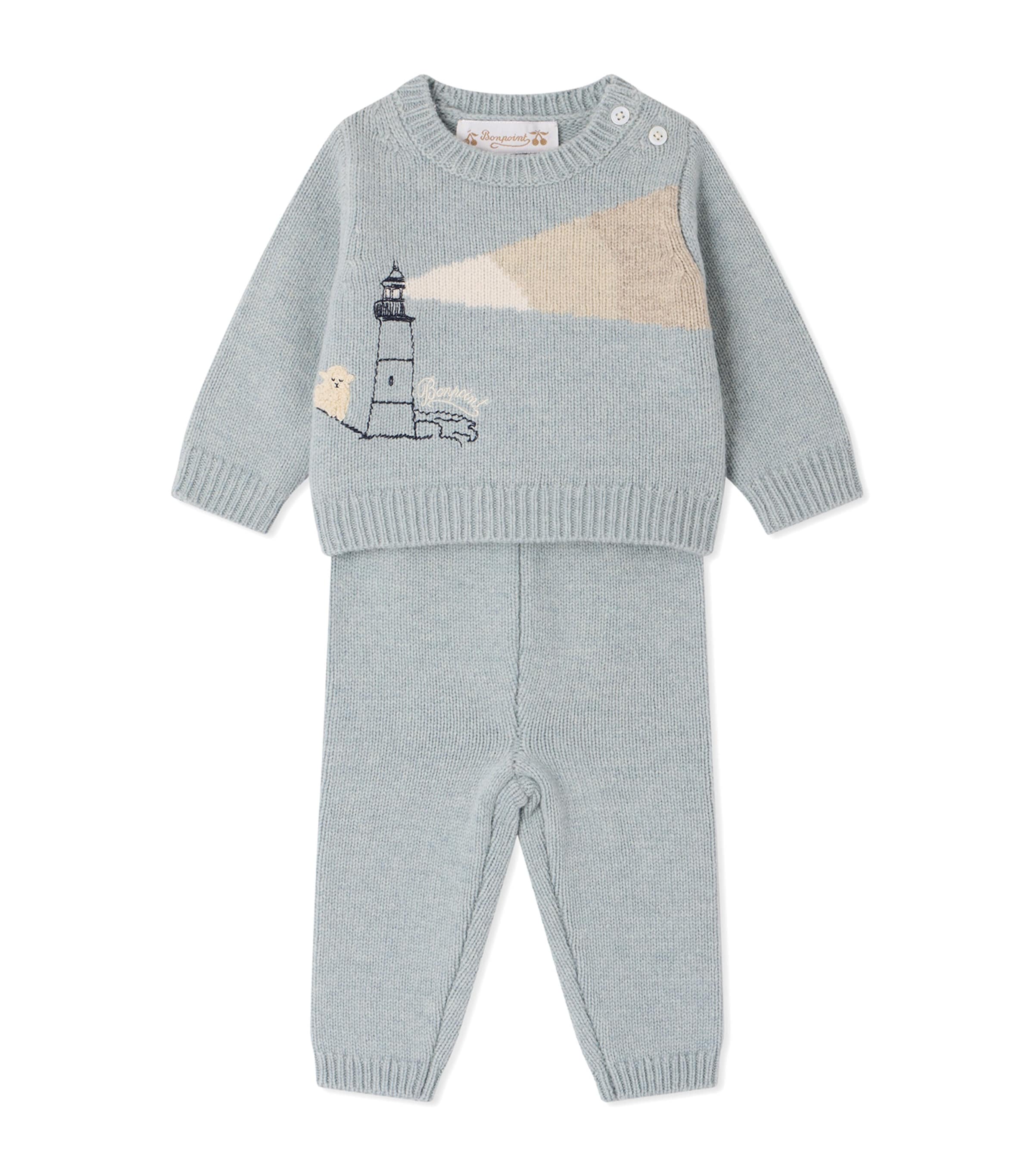 Bonpoint Wool Embroidered Sweater and Leggings Set (3-18 Months) Multico Bl Gris Image 1
