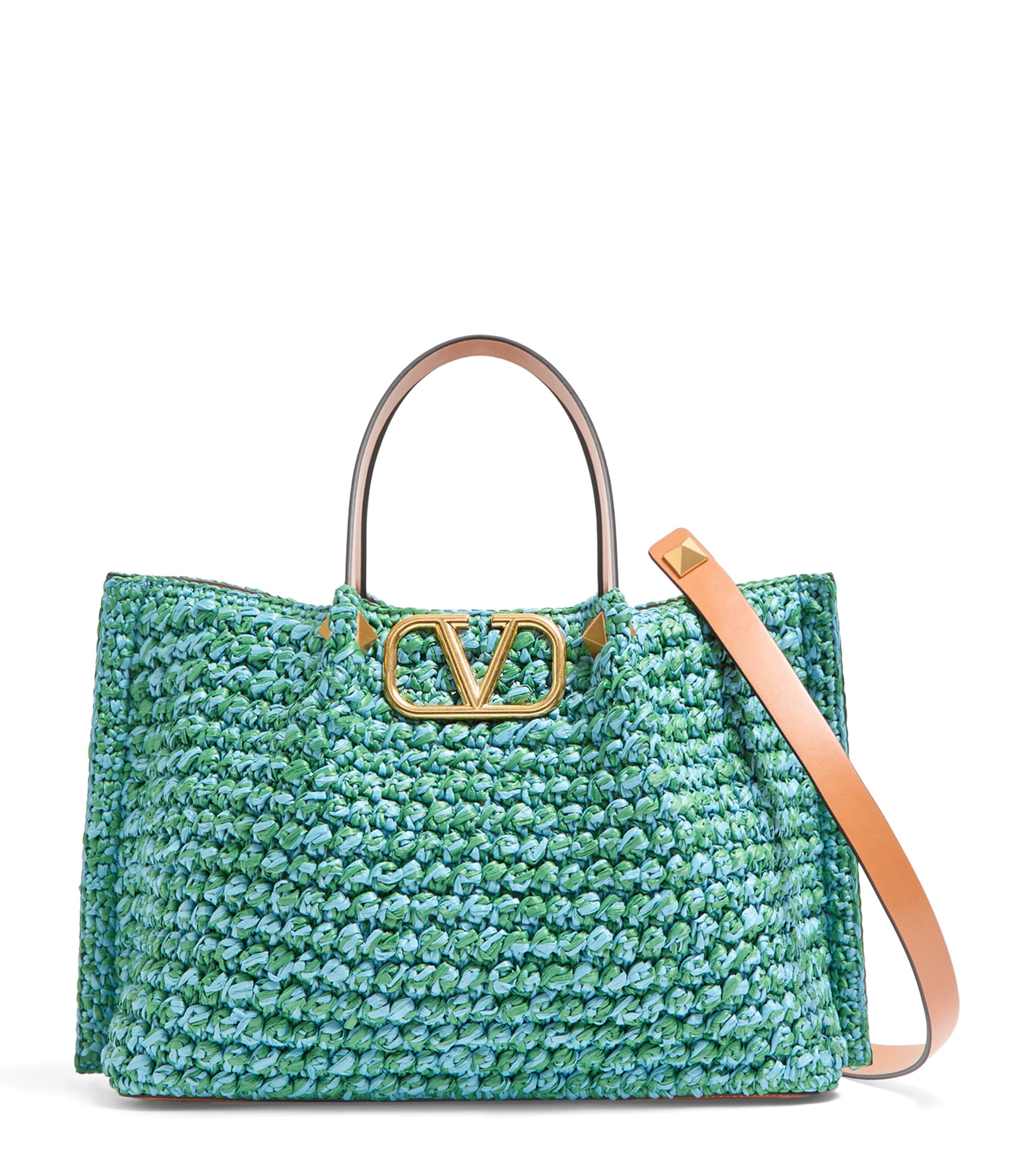 Shop Valentino Medium Raffia Vlogo Signature Tote Bag In Green