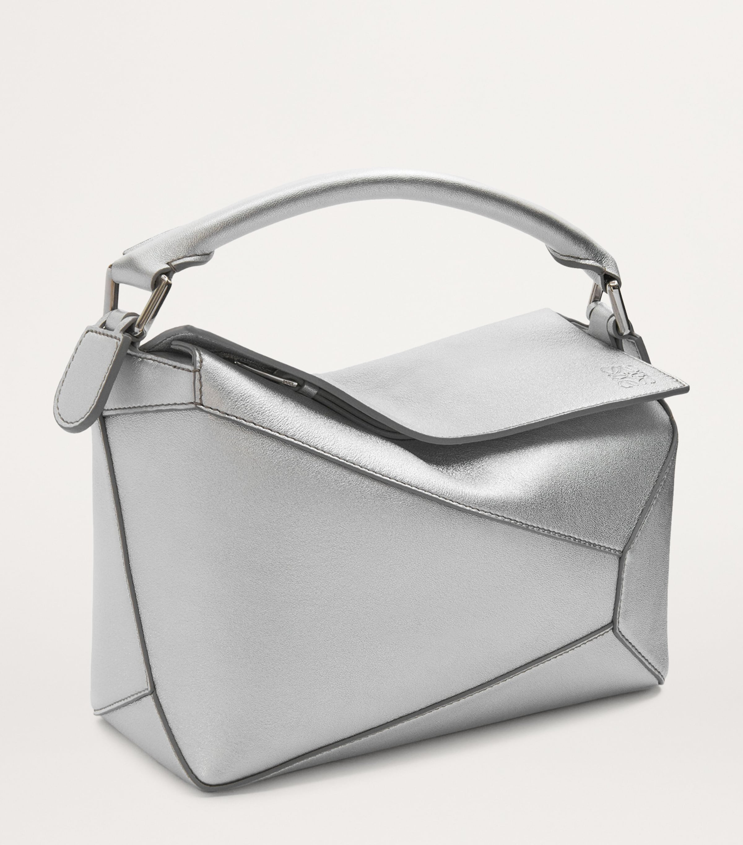 Small Metallic Leather Puzzle Top-Handle Bag SILVER Image 2