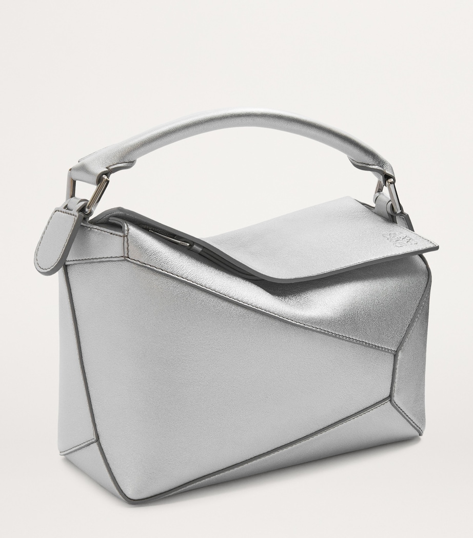 Small Metallic Leather Puzzle Top-Handle Bag SILVER Image 2