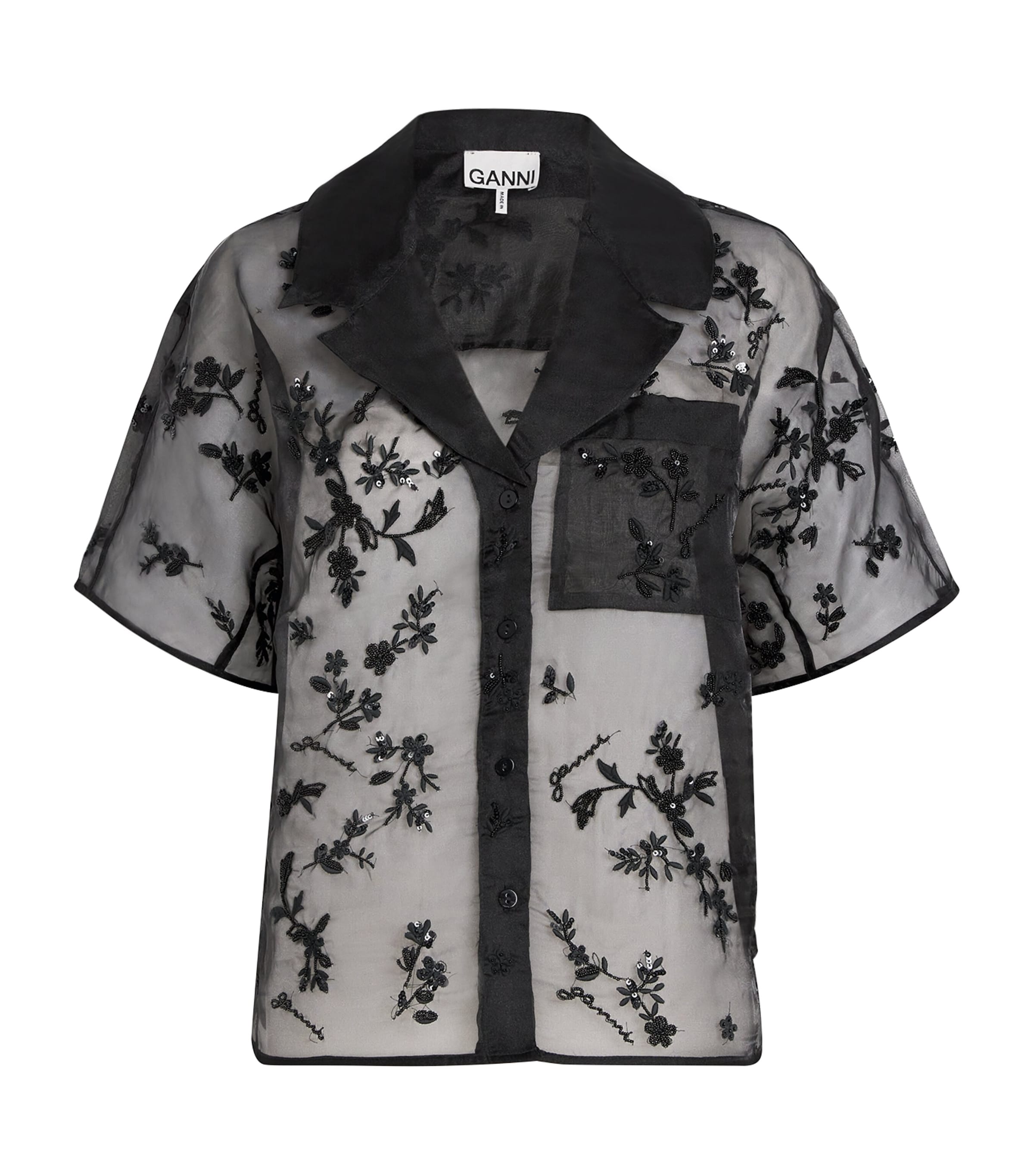 Ganni Embellished Organza Shirt In Black