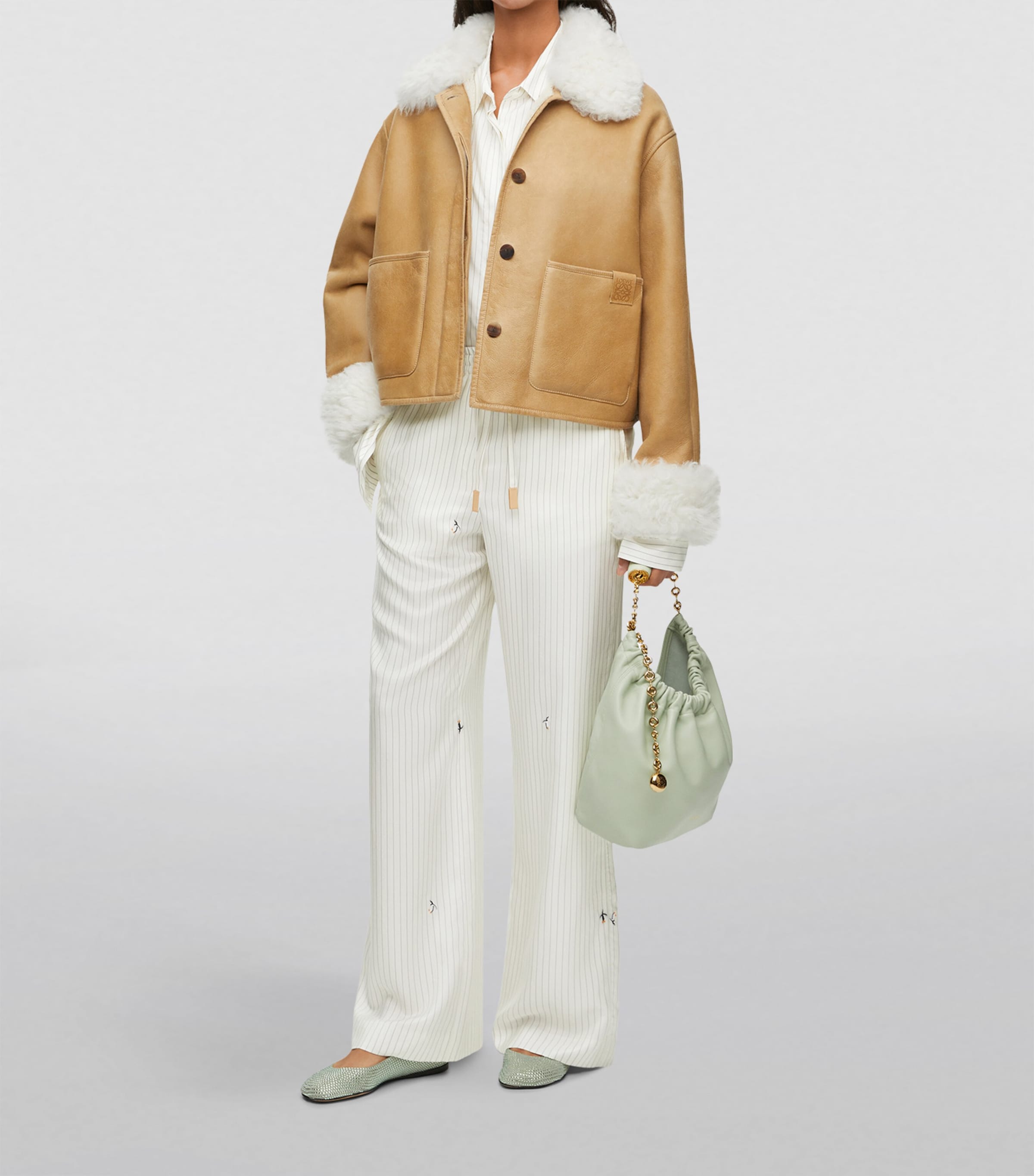 LOEWE White Shearling-Trim Leather Jacket | Harrods UK