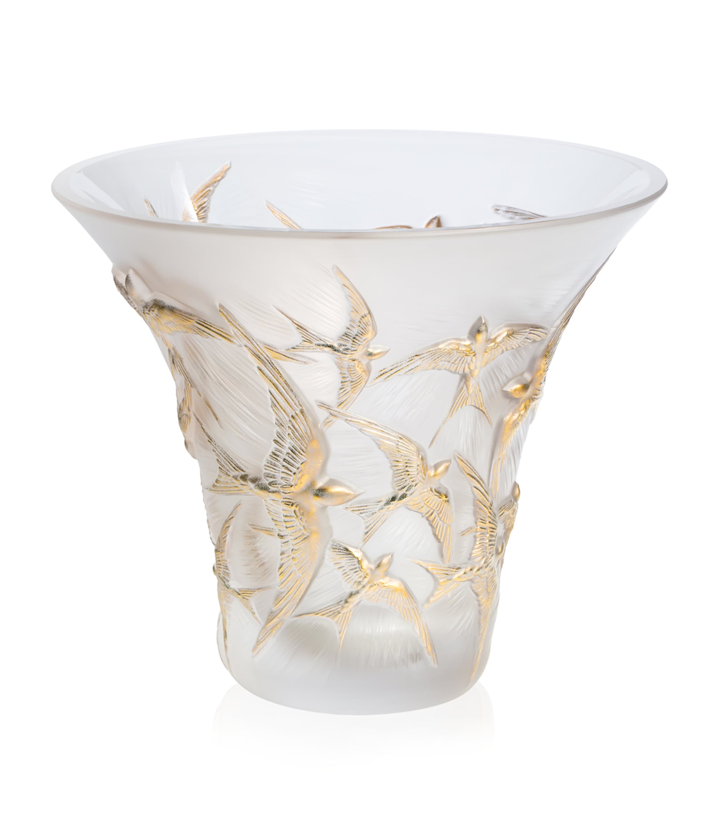 Lalique Crystal Hirondelles Swallow Stamped Vase In Gold