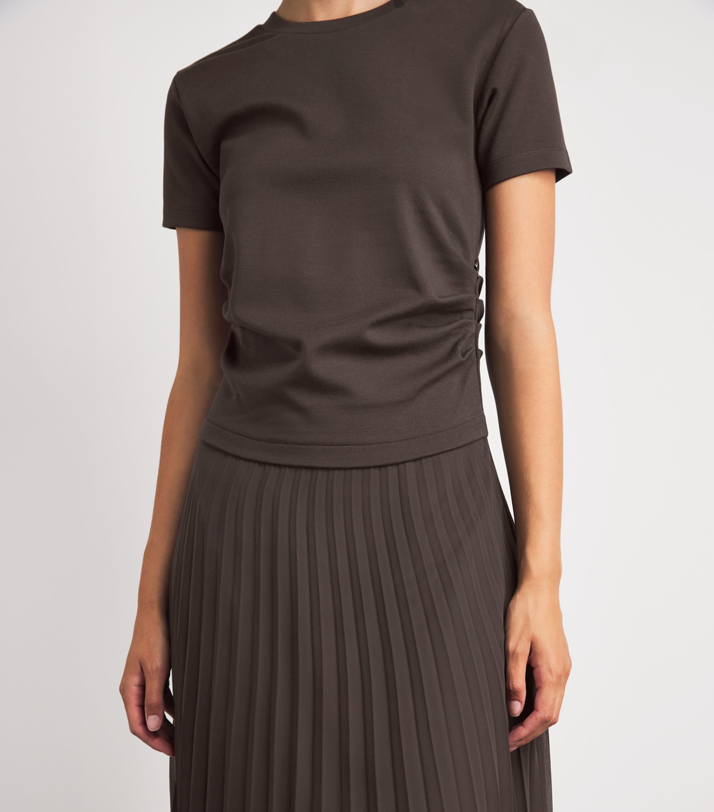 Claudie Pierlot Womens Ruched Pleated-Skirt Dress Chocolate Image 5