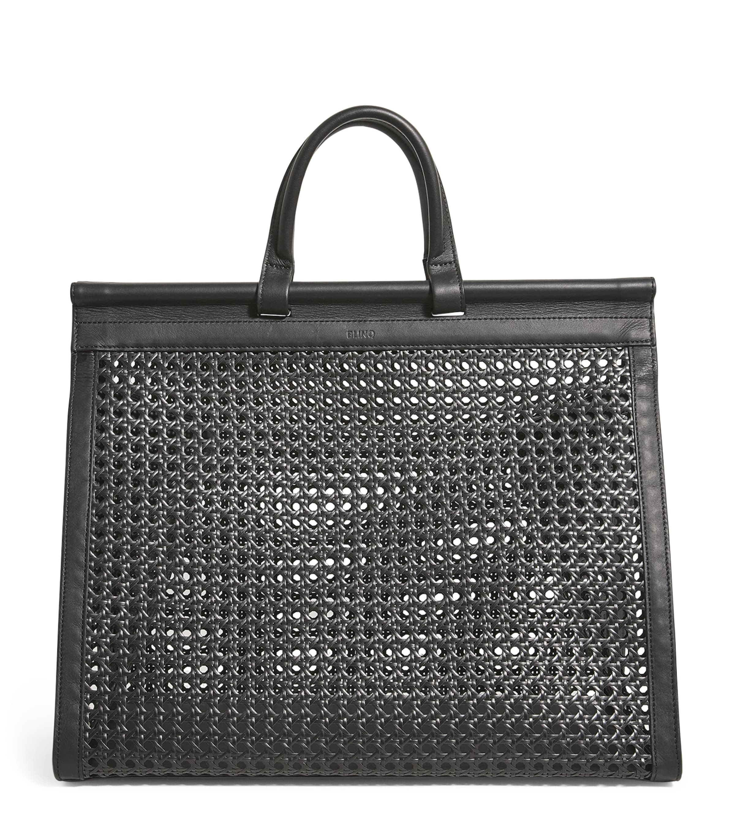 Blinq Midi Calfskin-rattan Porto Top-handle Bag In Black