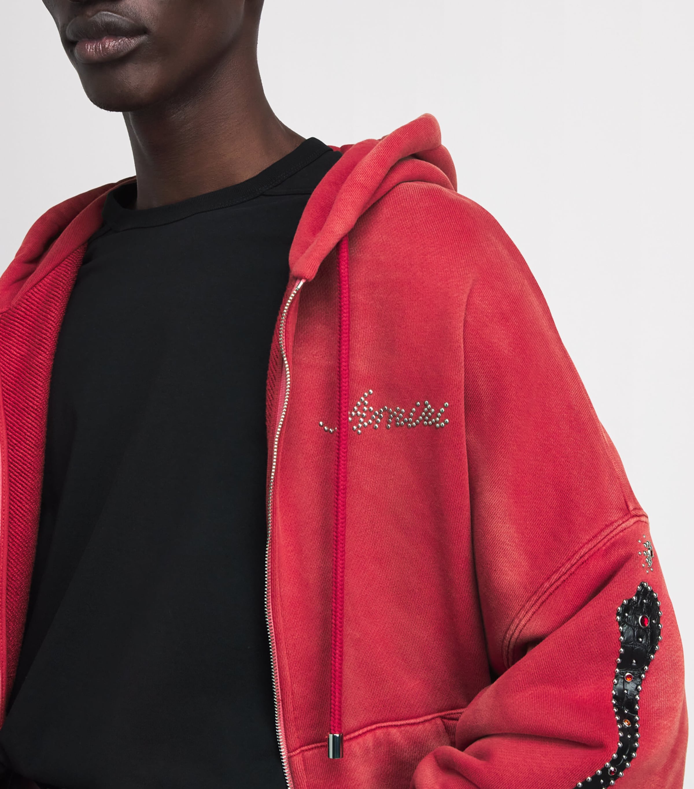 AMIRI Mens Stretch-Cotton Bones Studded Oversized Hoodie Red Rose Image 5