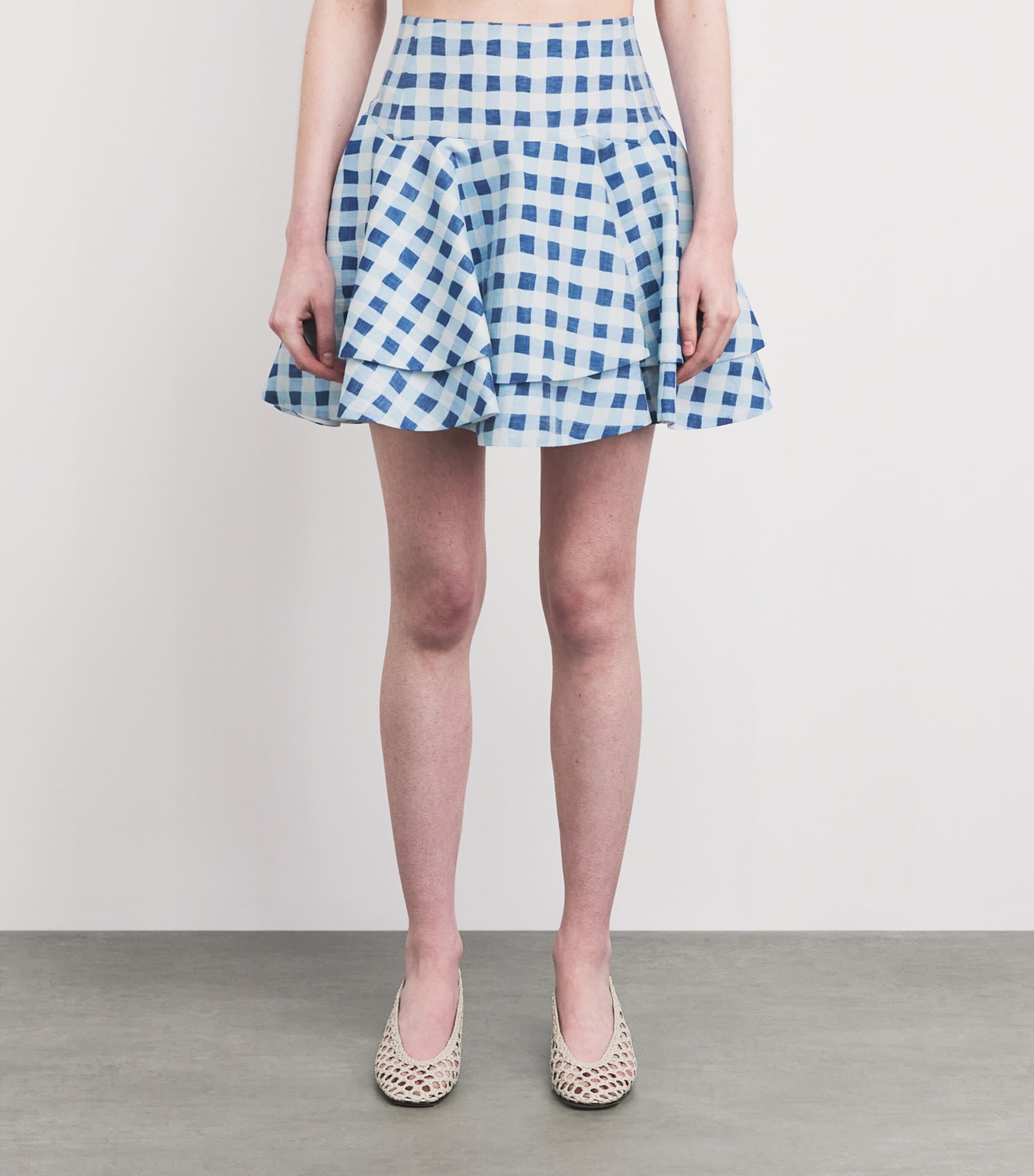 Sandro Paris Womens Linen-Blend Ruffle Mini Skirt Blu / White Image 4