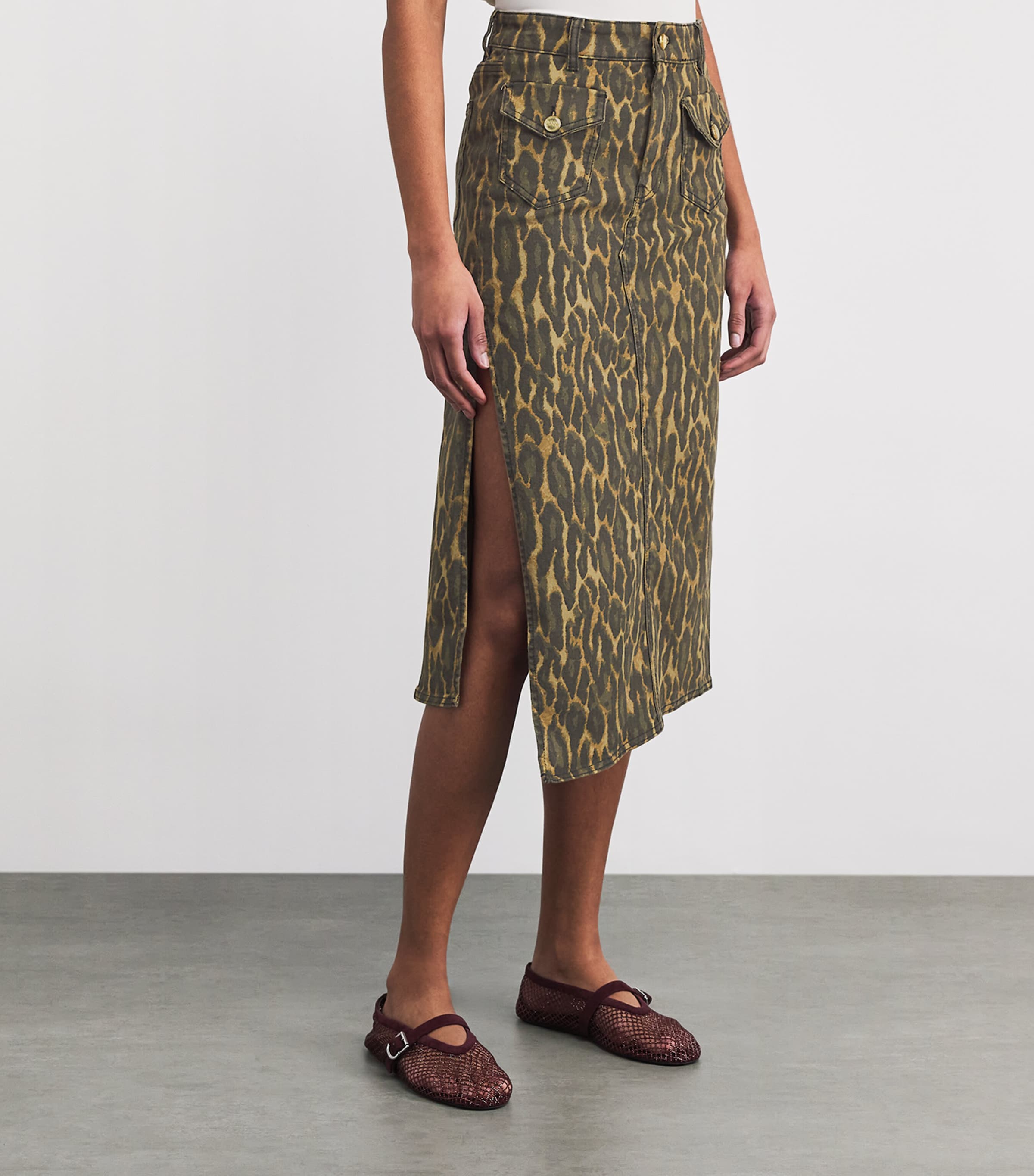 GANNI Womens Leopard Denim Midi Skirt Khaki Image 4
