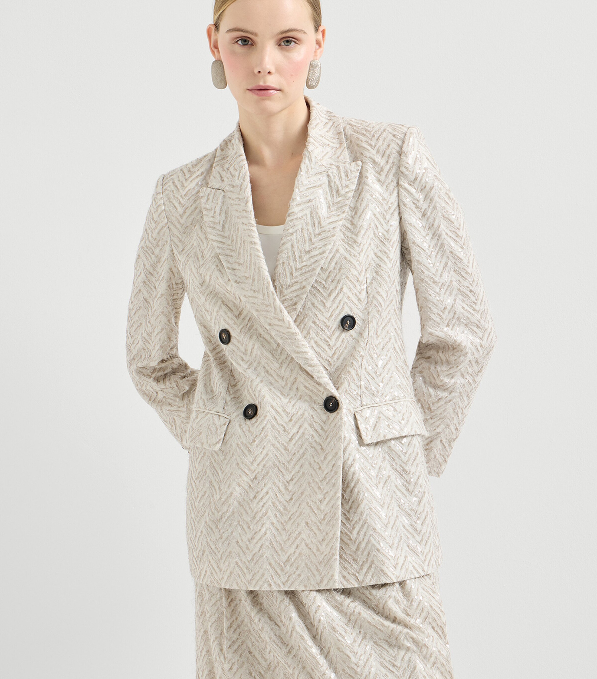Brunello Cucinelli Womens Linen Chevron Double-Breasted Blazer Image 3