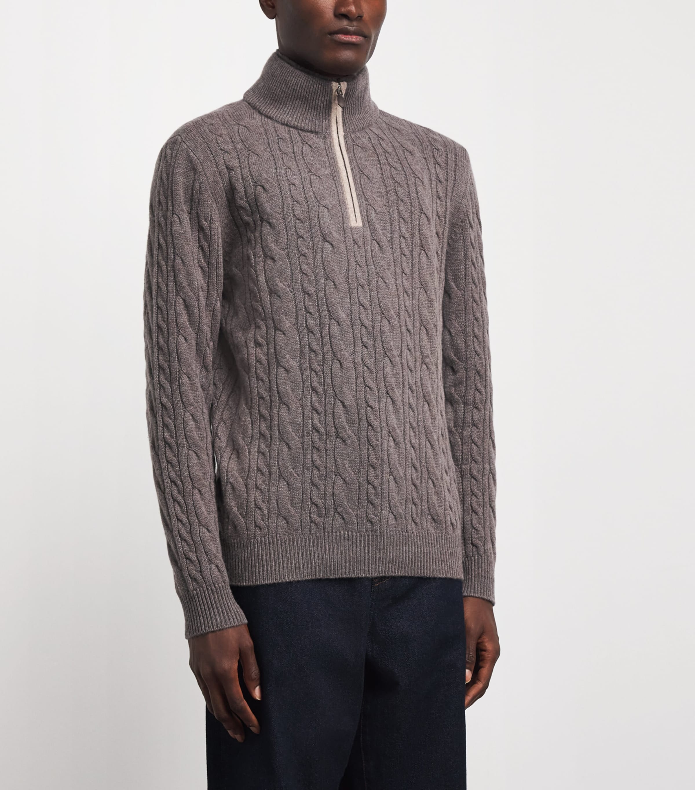 N.Peal Mens Cashmere Cable-Knit Quarter-Zip Sweater Otter Browntruffle Image 4