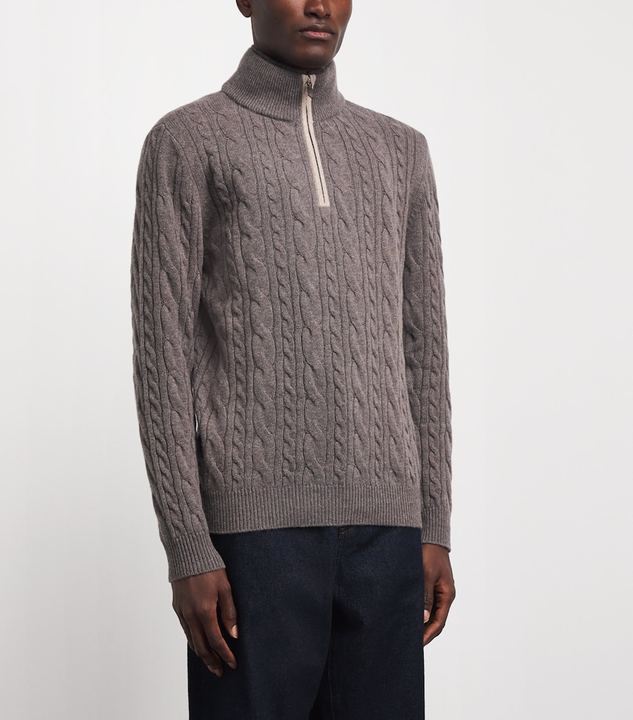 N.Peal Mens Cashmere Cable-Knit Quarter-Zip Sweater Otter Browntruffle Image 4