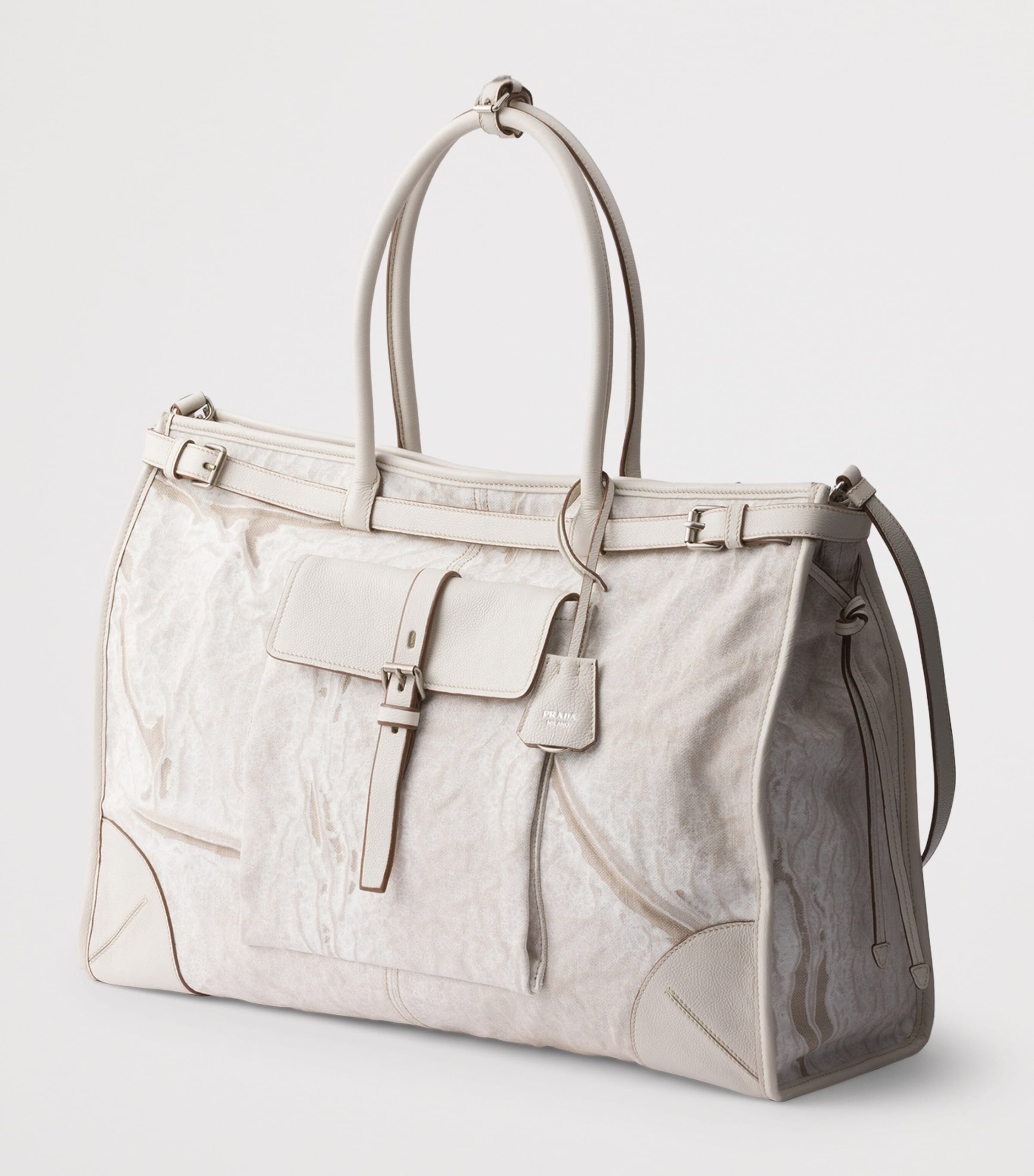 Prada Printed Linen and Leather Bonnie Tote Bag White Image 3