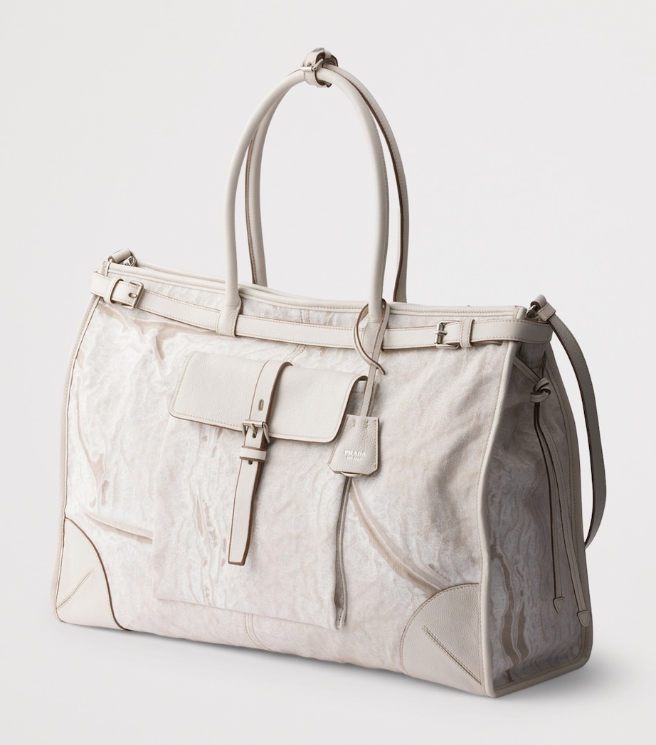 Prada Printed Linen and Leather Bonnie Tote Bag White Image 3