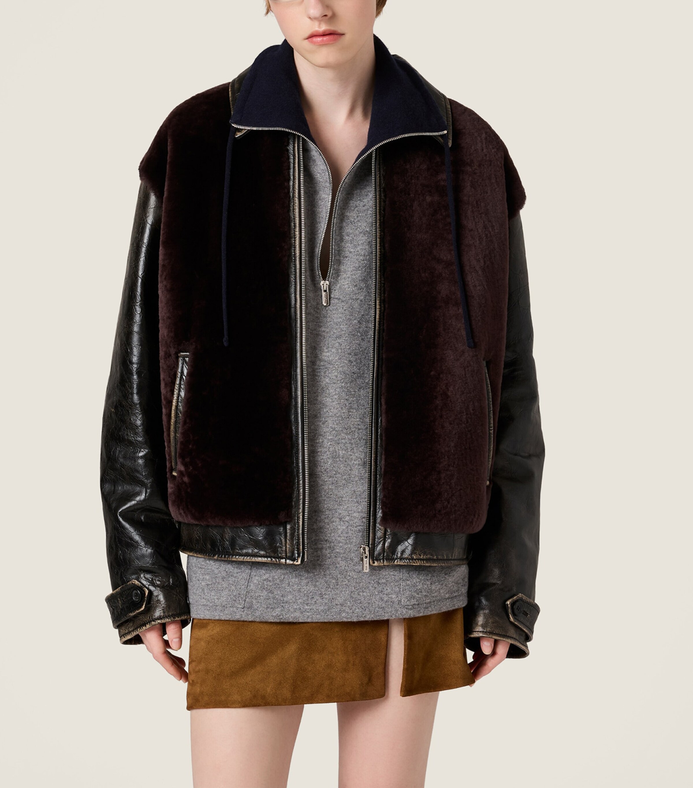 Miu Miu Womens Leather Shearling-Trim Jacket Black Image 5
