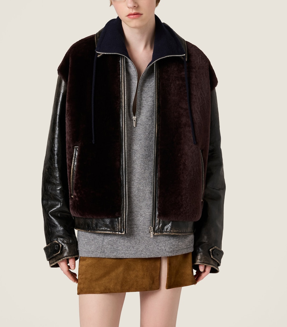 Miu Miu Womens Leather Shearling-Trim Jacket Black Image 5
