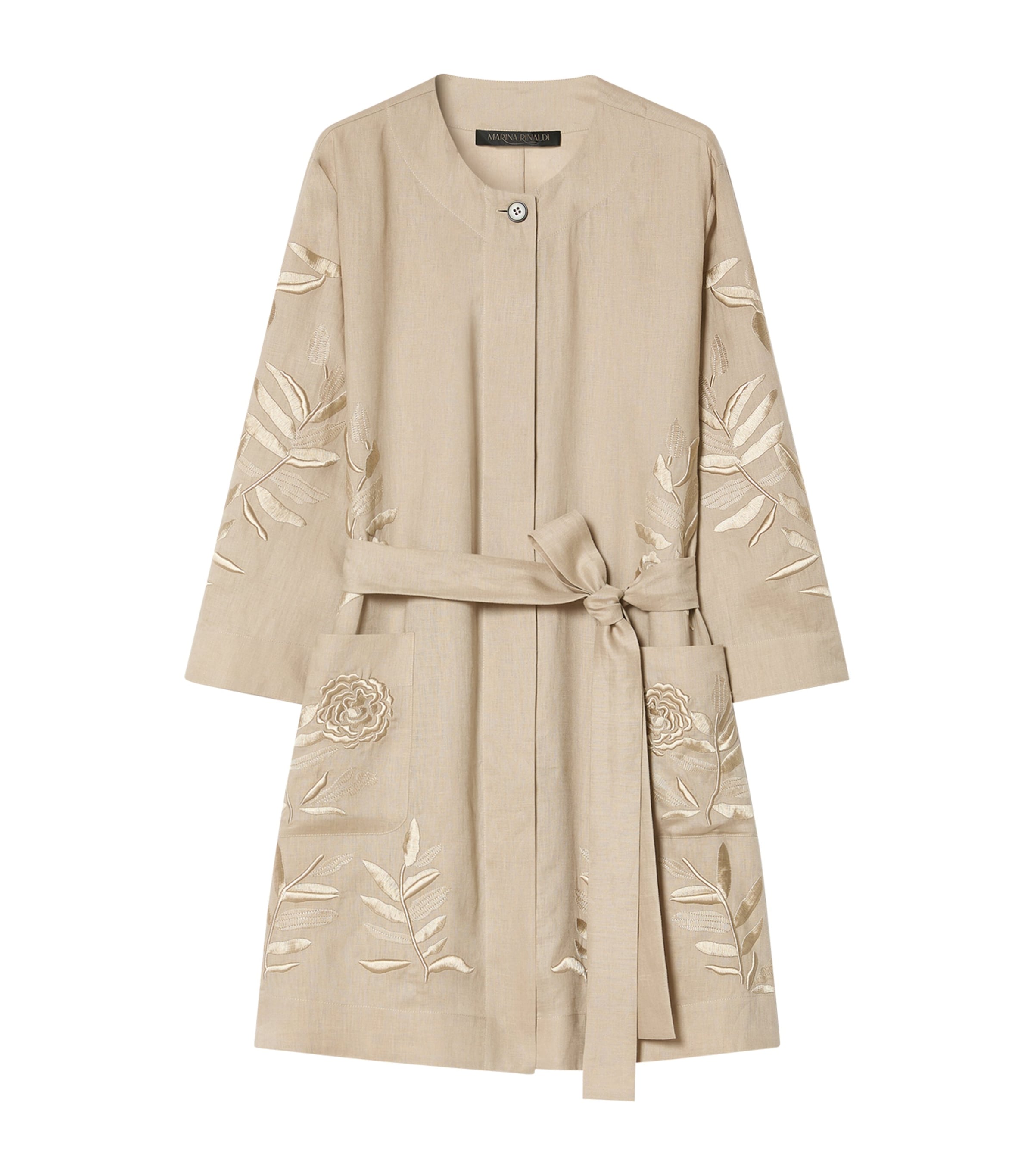 Marina Rinaldi Womens Linen Embroidered Belted Jacket Beige Image 1