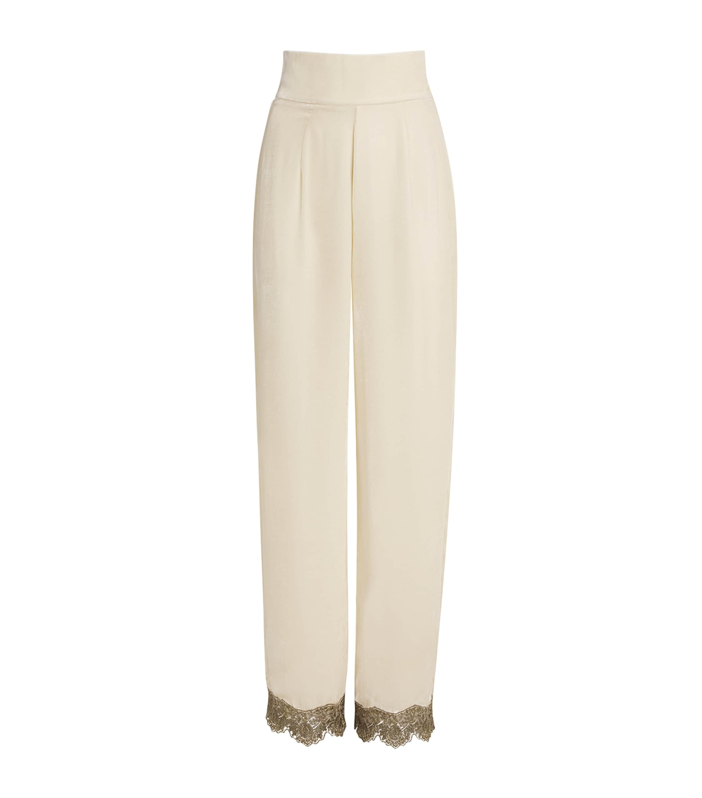 Shop Loretta Caponi Velvet Lace-trim Ada Pyjama Trousers In Ivory