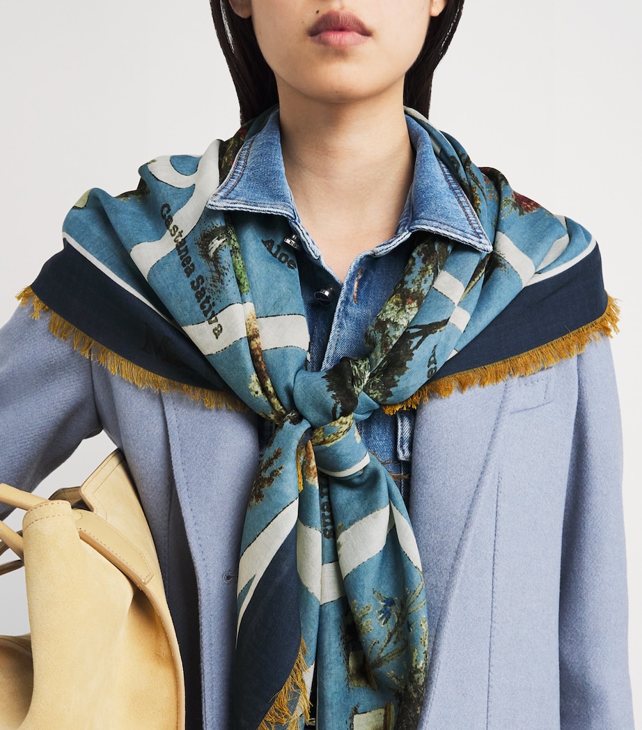 Wool-Silk Botanical Square Scarf LIGHT BLUE Image 2