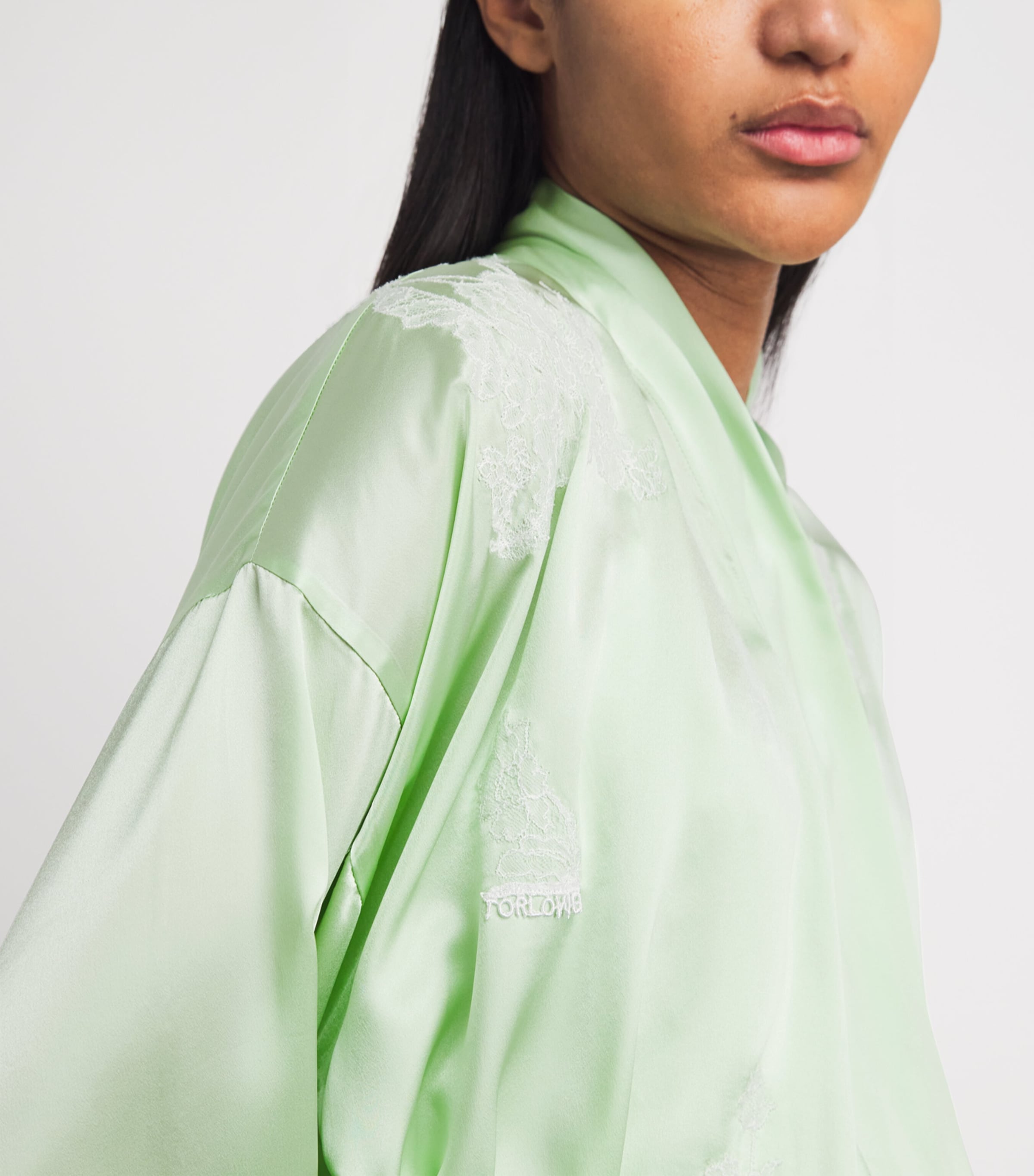 TORLOWEI Womens Silk Lace Short Robe Peppermint/white Image 4