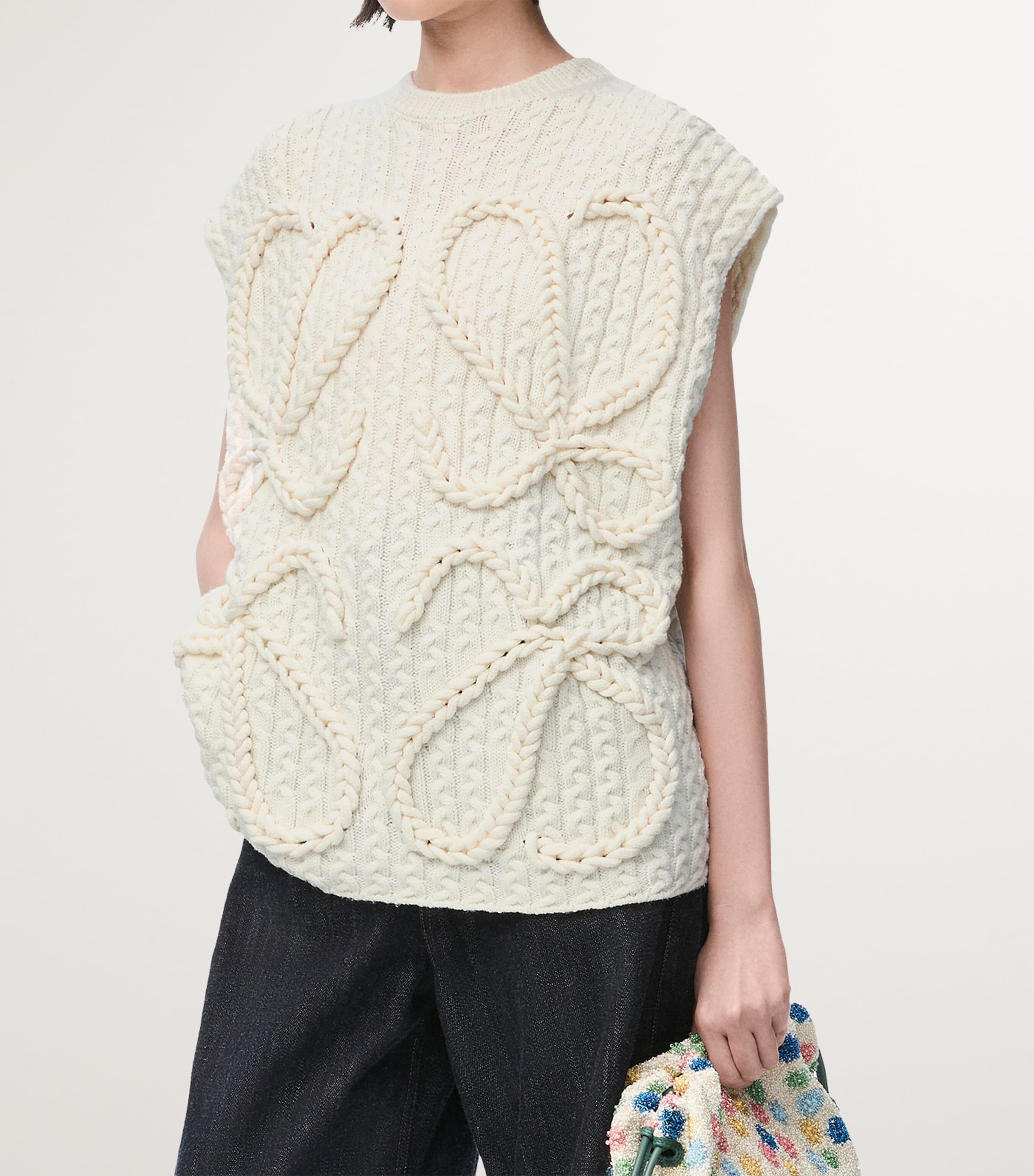 Wool Cable-Knit Anagram Sweater Vest WHITE Image 3