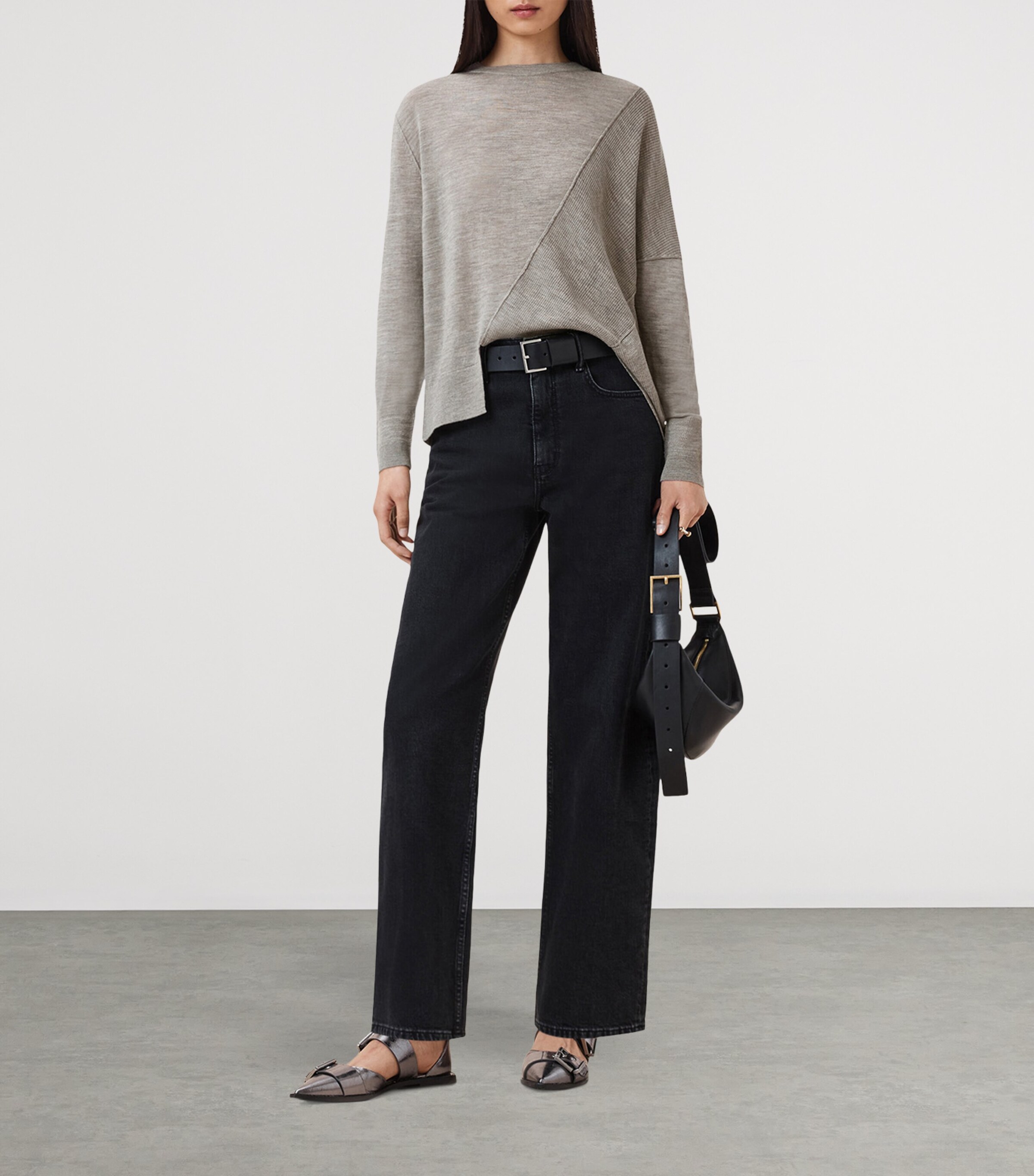 AllSaints Womens Wool Asymmetric Isla Sweater Sand Grey Image 7