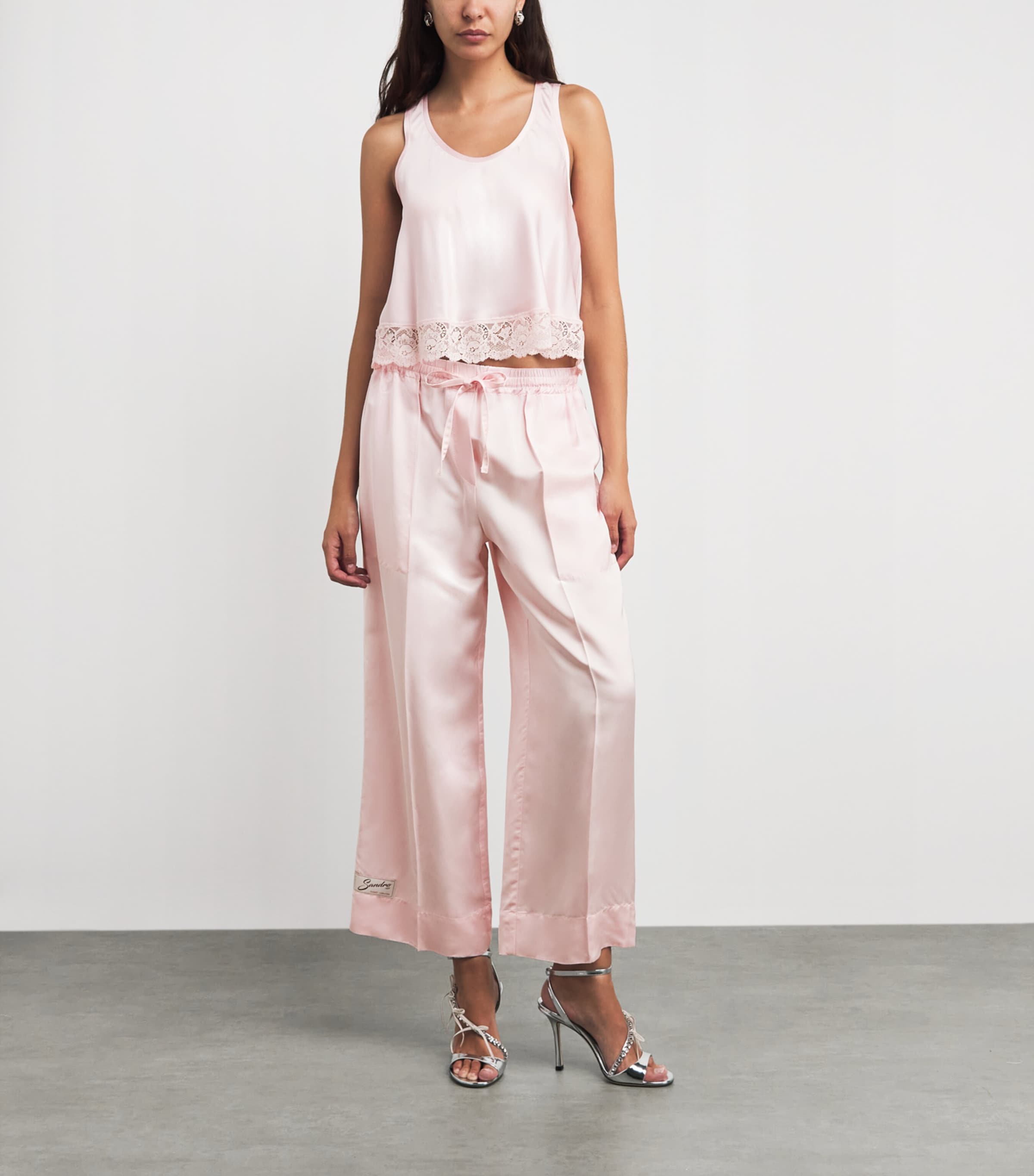 Sandro Paris Womens Satin Lace-Trim Top Light Pink Image 2