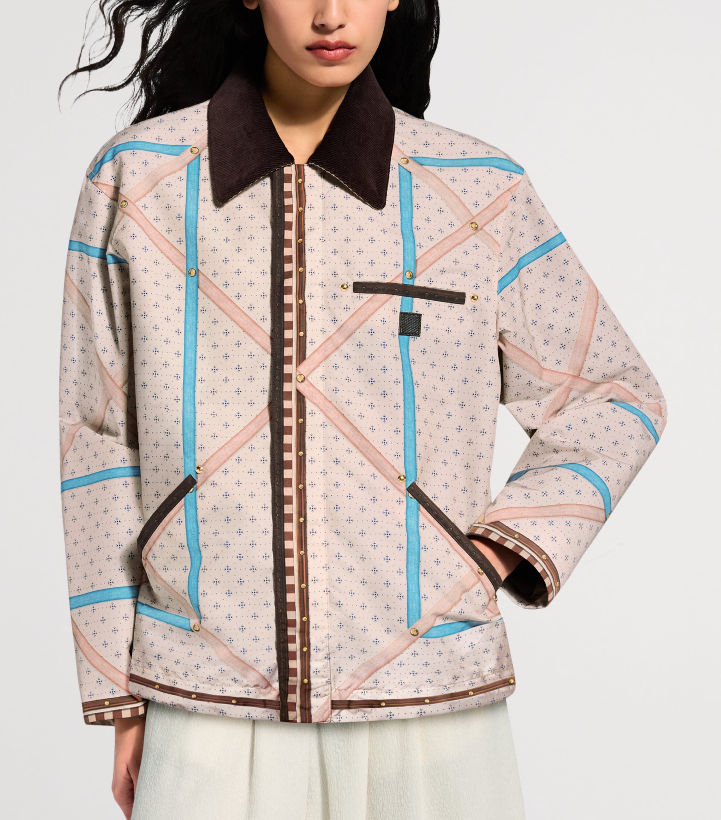 LOUIS VUITTON Womens Corduroy-Trim Trunk Print Jacket Beige Image 3